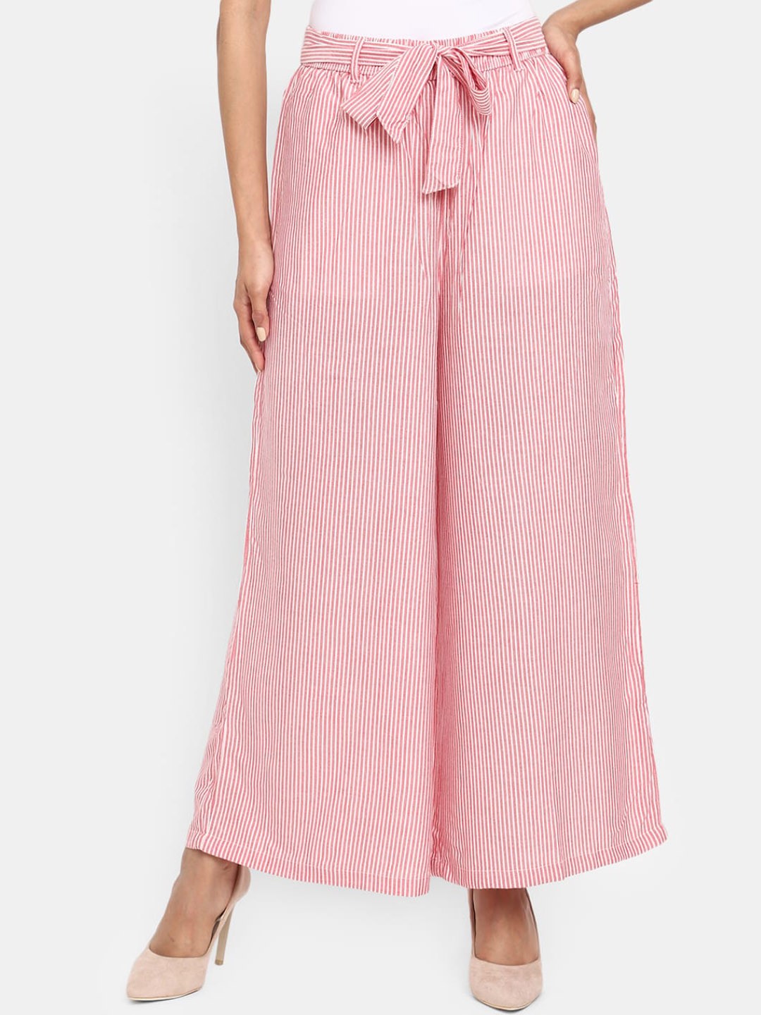 

V-Mart Women Striped Classic Easy Wash Parallel Trousers, Red