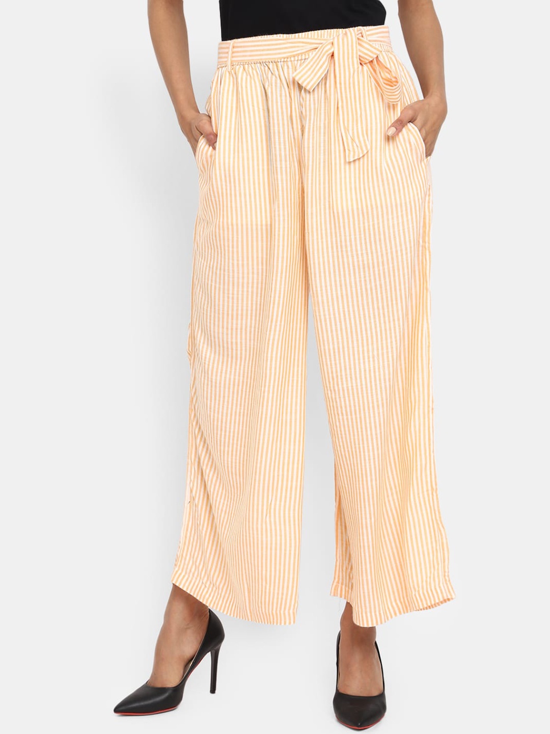 

V-Mart Women Striped Classic Easy Wash Pleated Parallel Trousers, Mustard