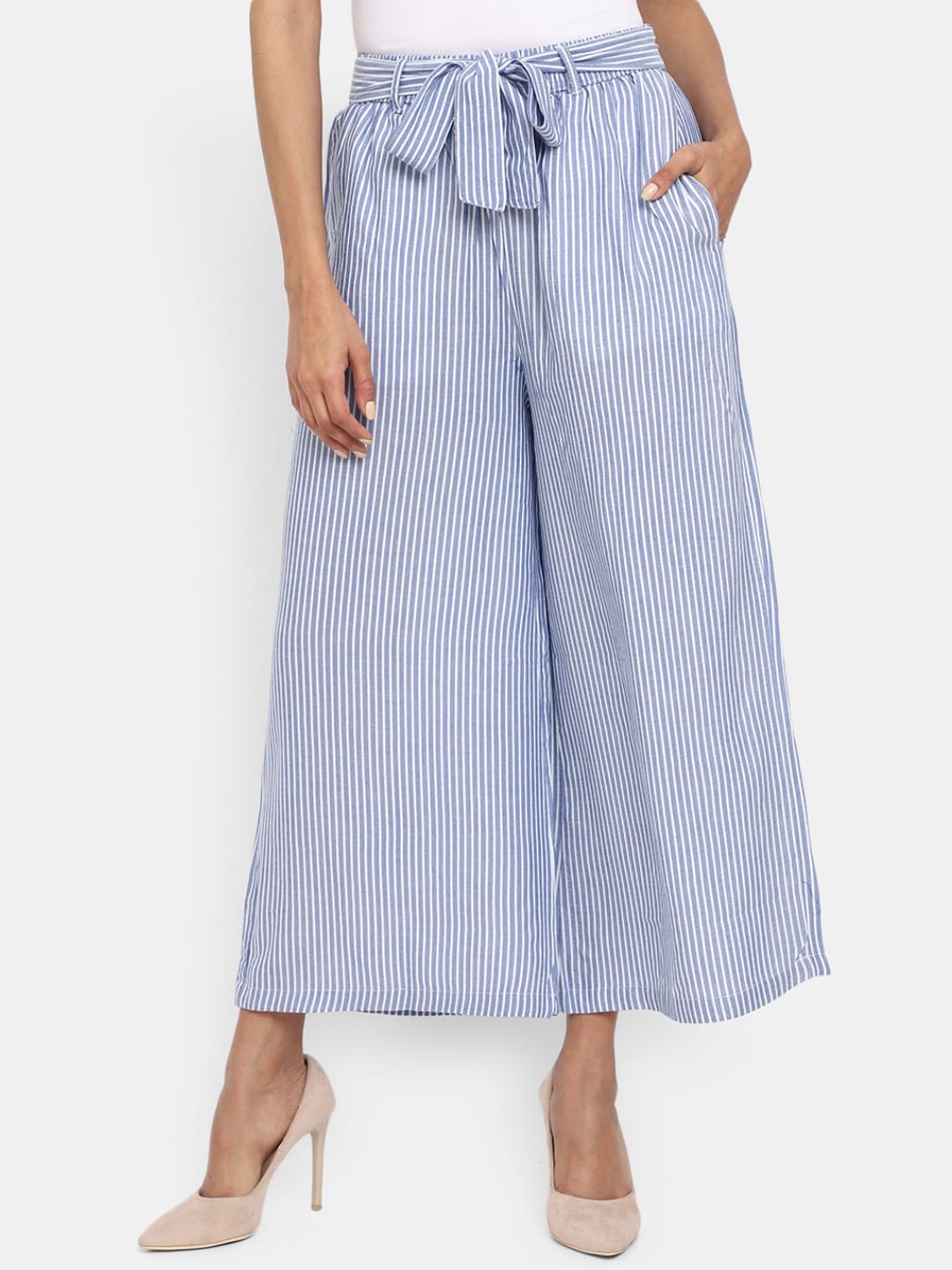 

V-Mart Women Striped Classic Easy Wash Pleated Culottes, Blue