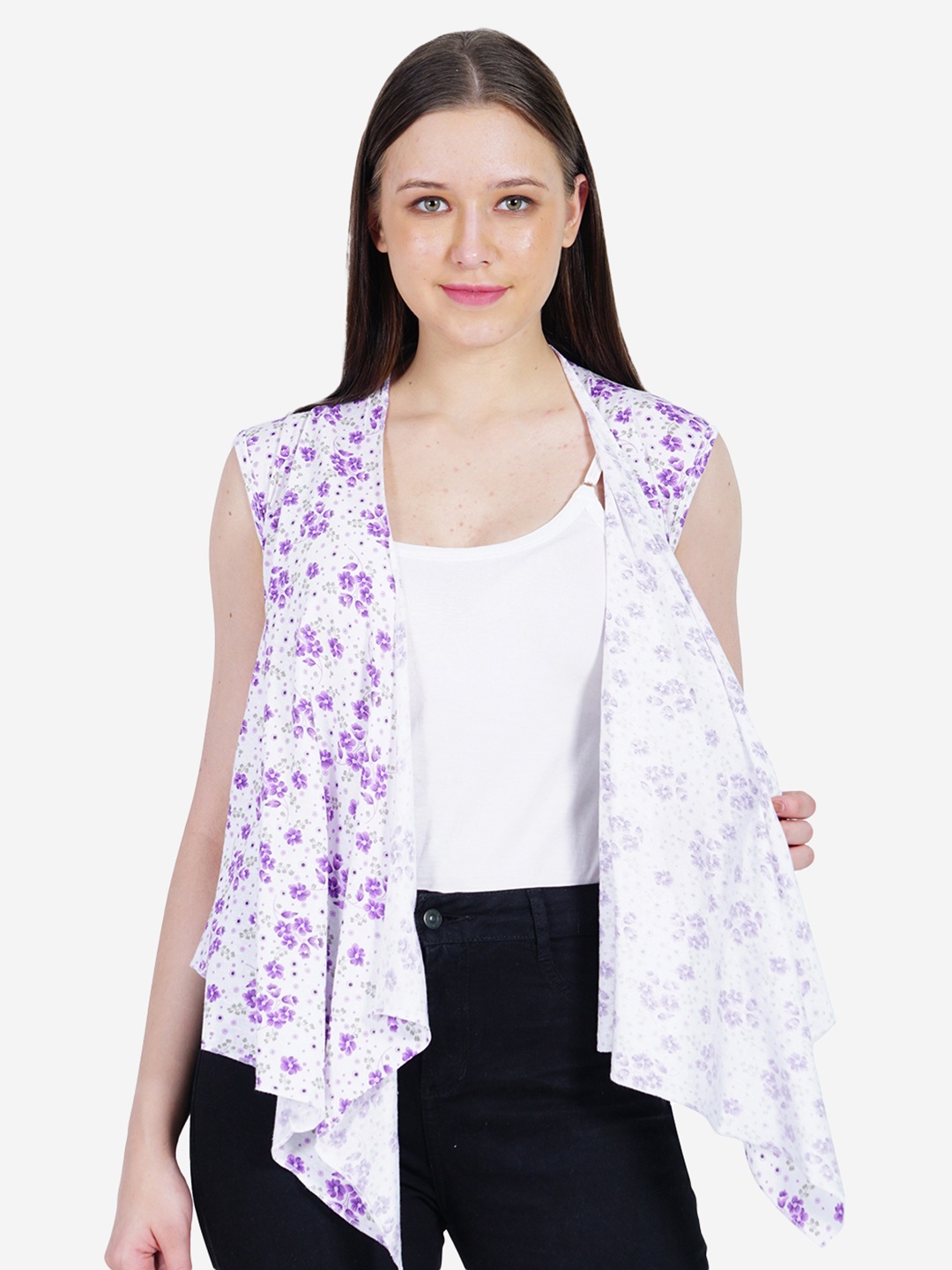 

TEEMOODS Women Printed Cotton Waterfall Shrug, Purple