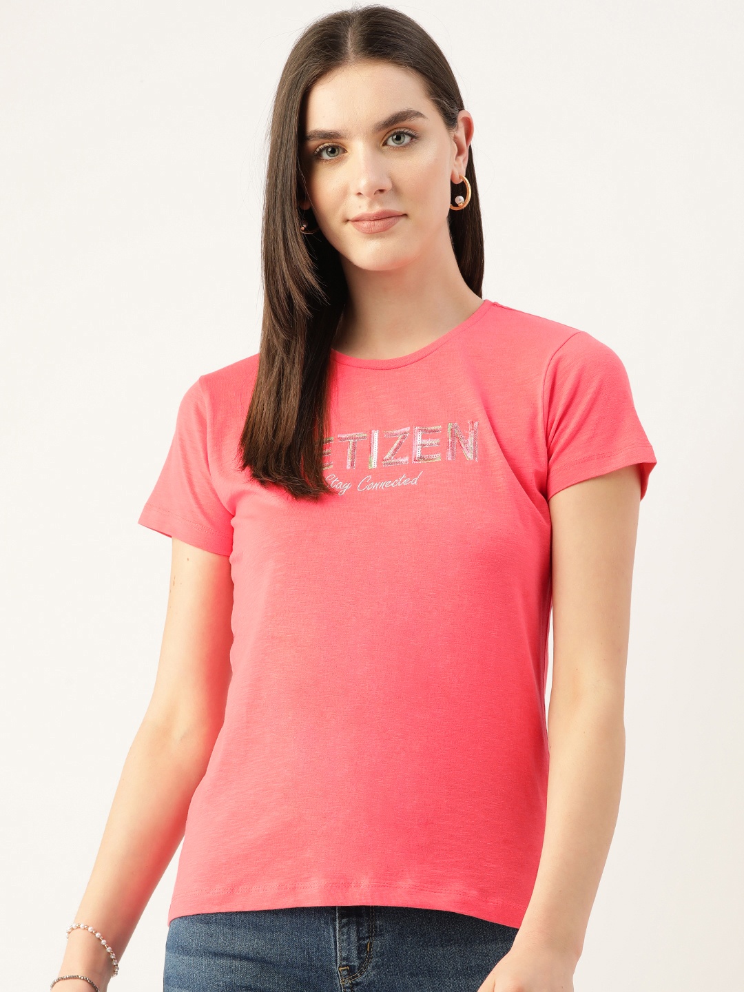 

Monte Carlo Typography Embroidered Sequined T-shirt, Coral