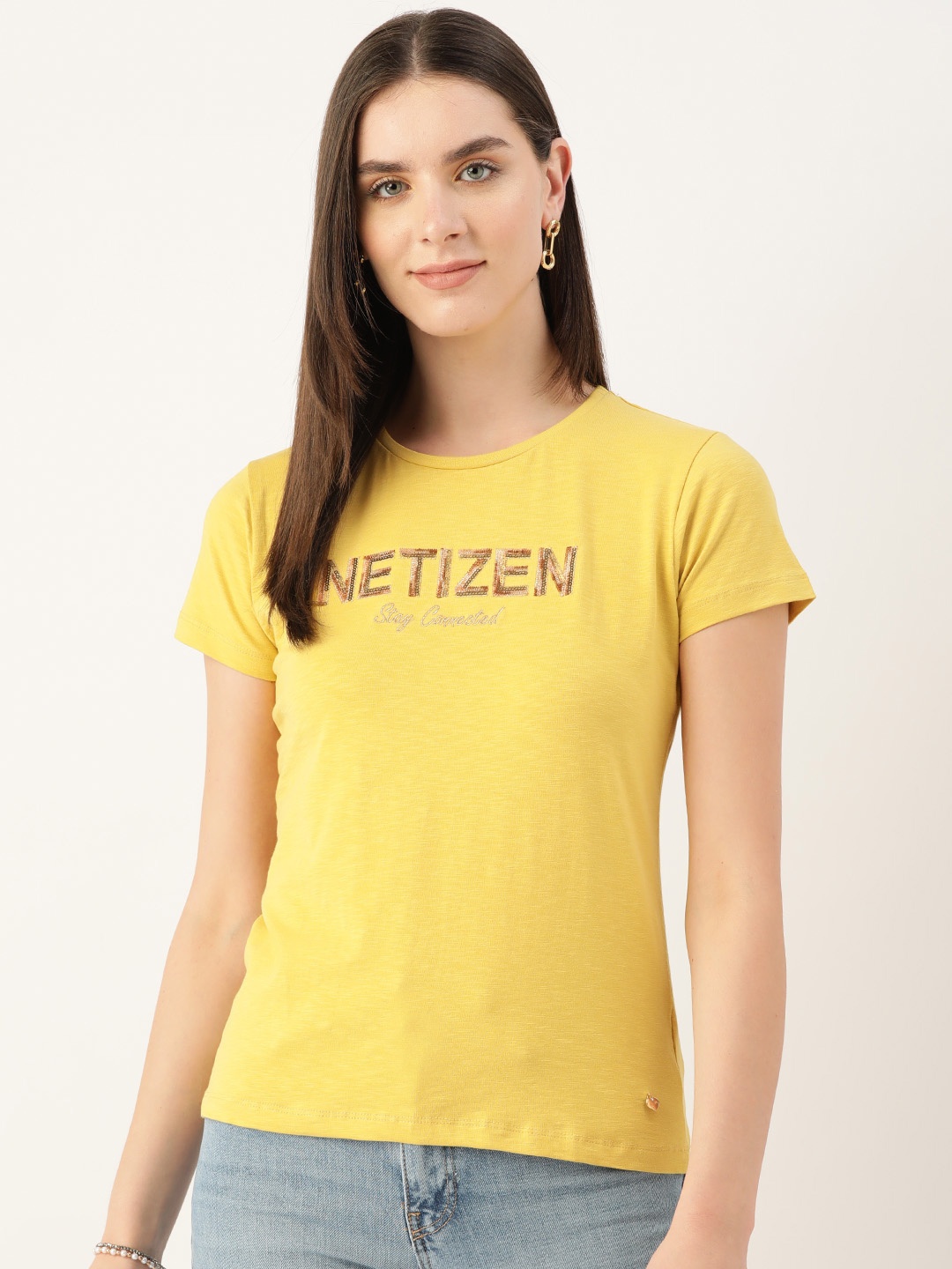 

Monte Carlo Typography Embroidered Sequined T-shirt, Mustard