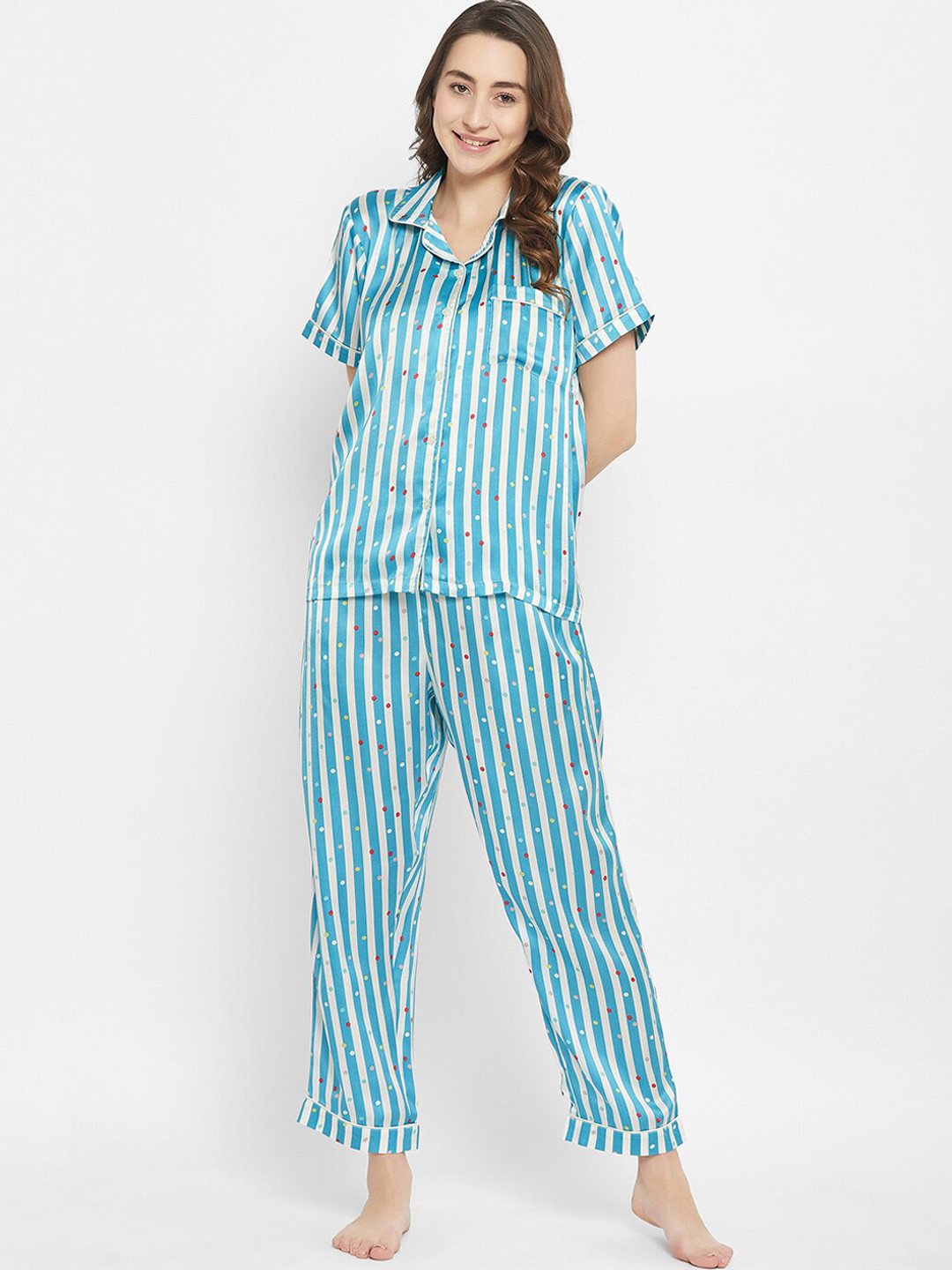 

Clovia Polka Dot Print Button Down Shirt & Pyjama Set, Teal