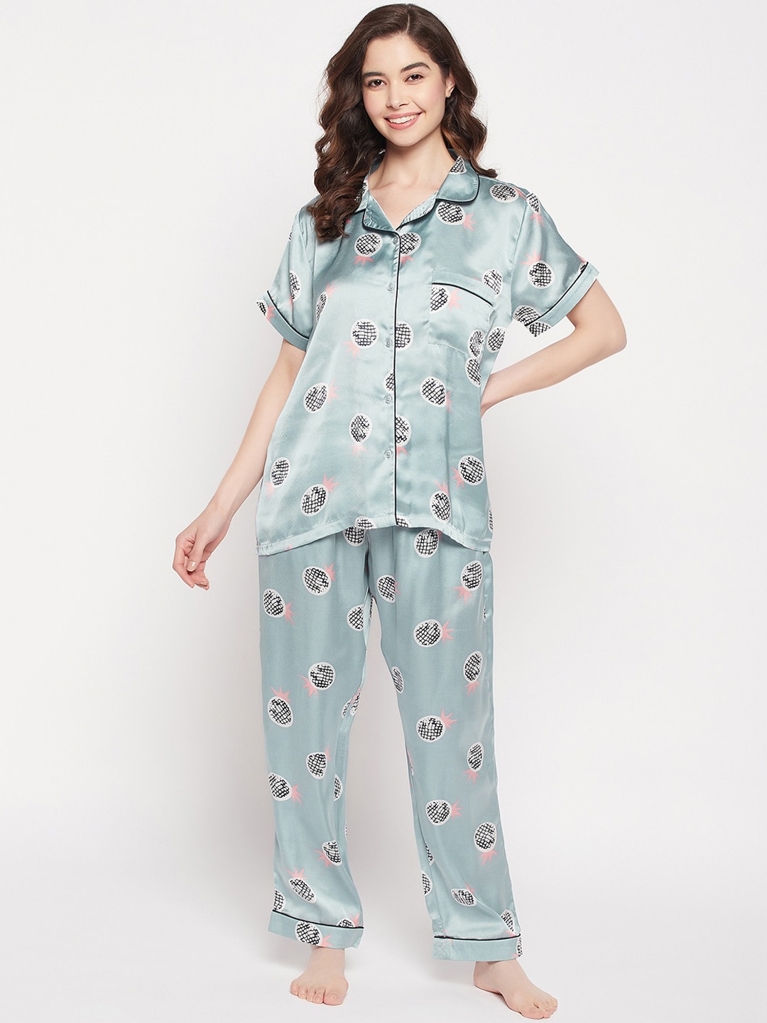 

Clovia Print Me Pretty Button Down Satin Shirt with Pyjama, Green