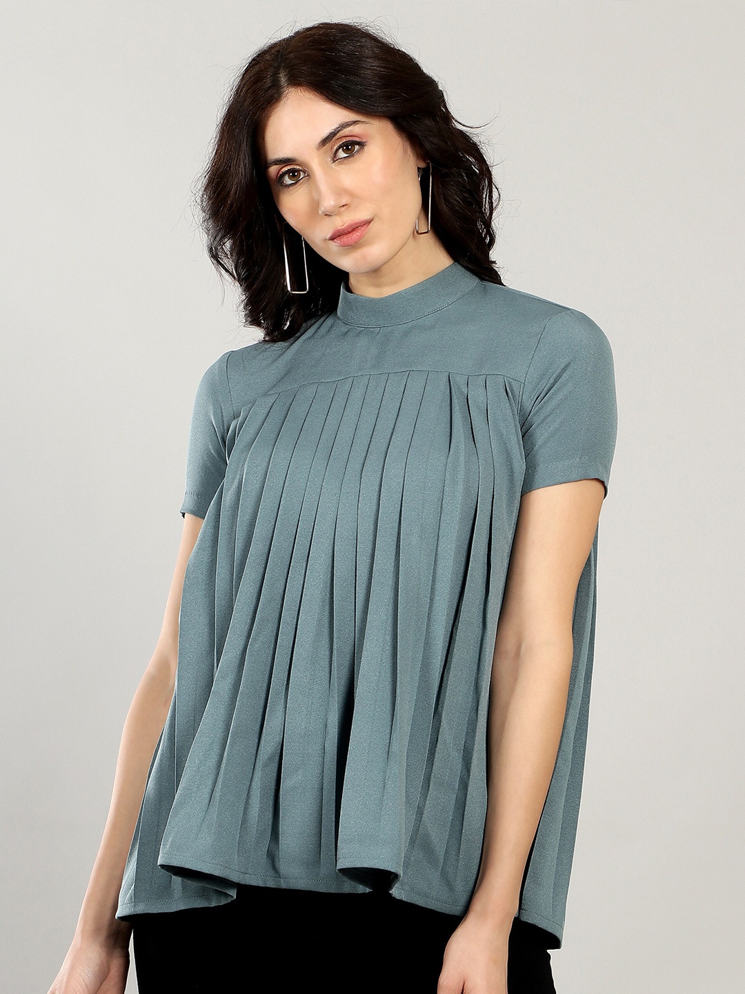 

SHABERRY High Neck Pleated A-Line Top, Blue