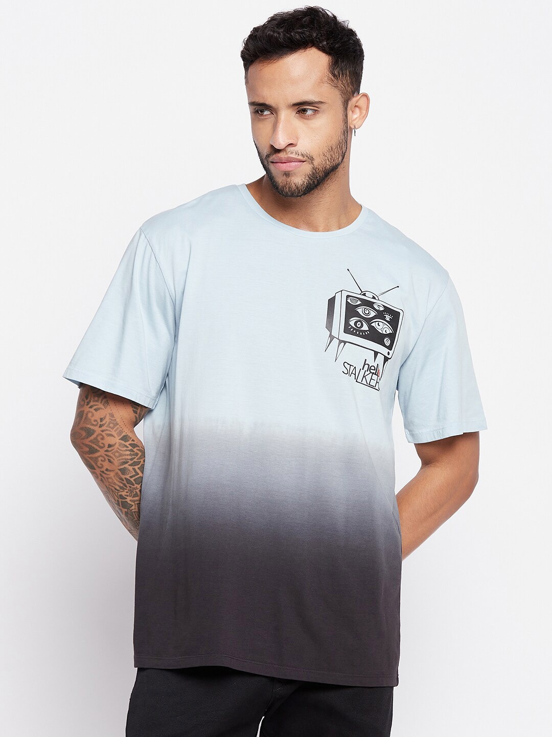 

EDRIO Graphic Printed Ombre Drop-Shoulder Sleeves Cotton T-shirt, Blue