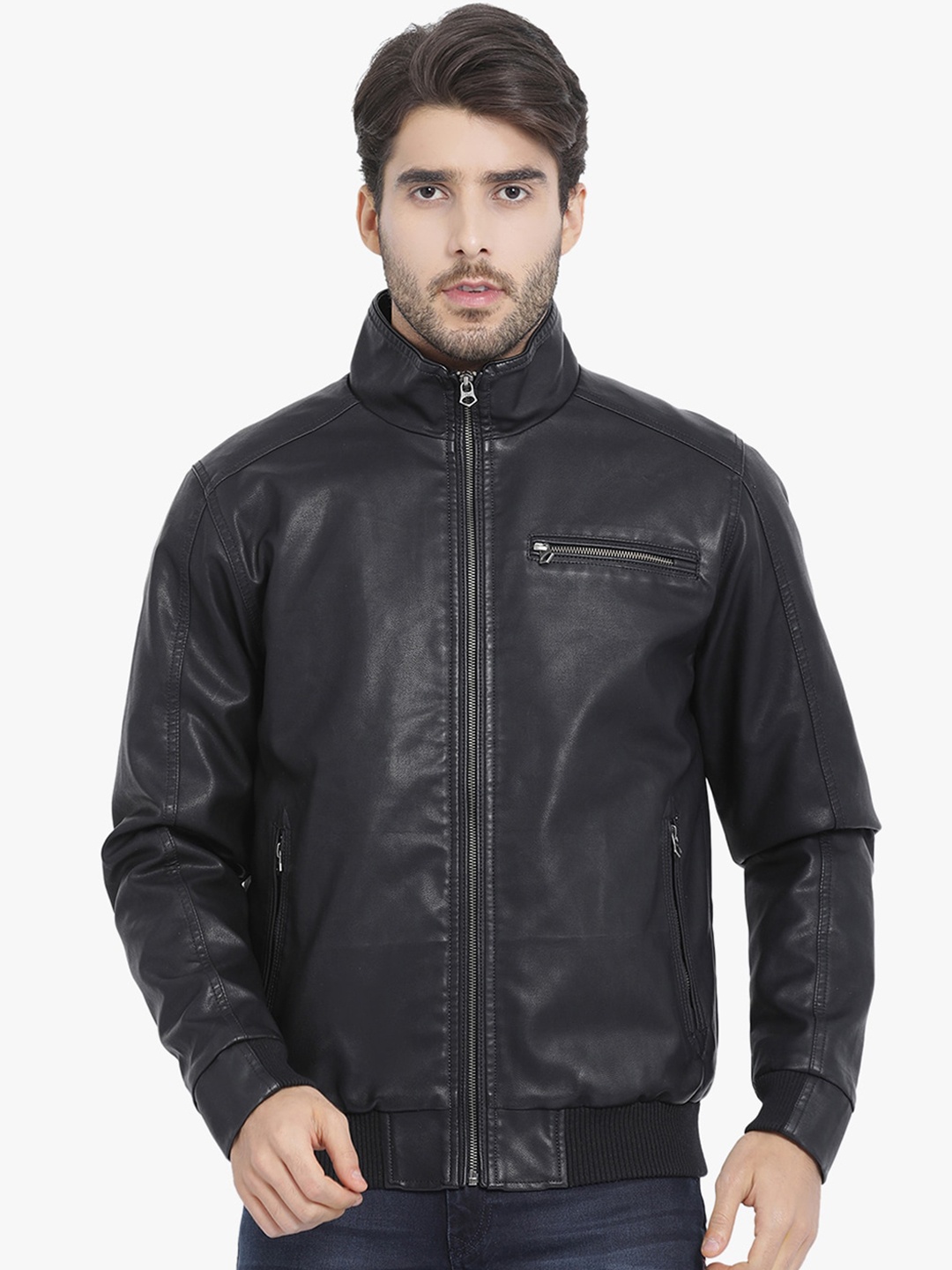 

t-base Stand Collar Windcheater Biker Jacket, Black