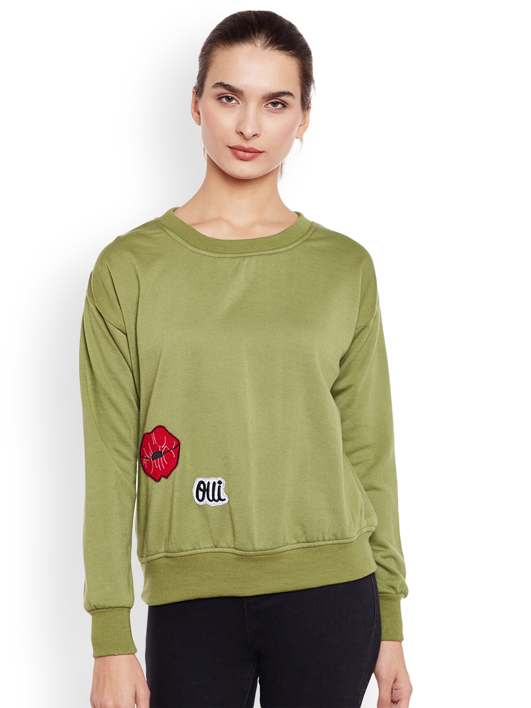 

Belle Fille Women Olive Green Solid Sweatshirt
