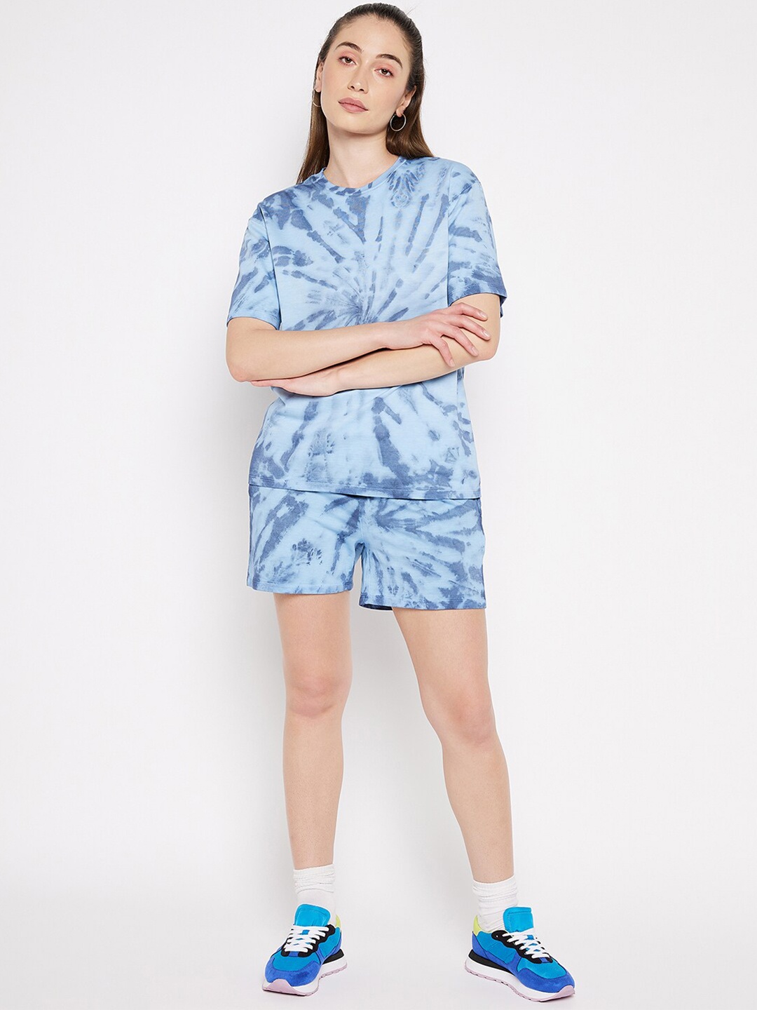 

EDRIO Tie & Dye Dyed Pure Cotton Round Neck T-Shirt with Shorts Co-Ords, Blue