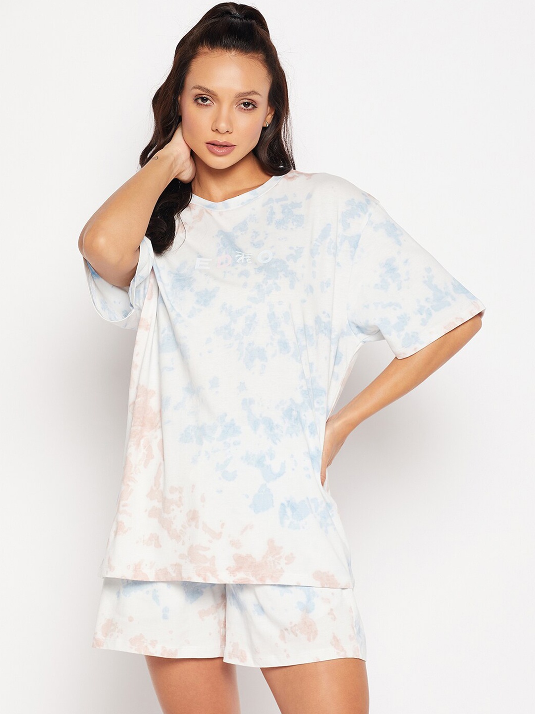 

EDRIO Tie & Dye Dyed Pure Cotton Round Neck T-Shirt with Shorts Co-Ords, White