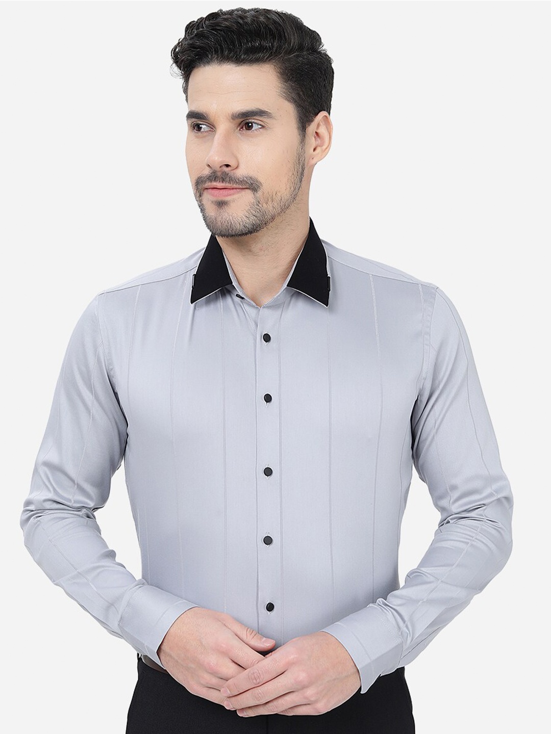 

JB STUDIO Slim Fit Vertical Stripes Striped Cotton Formal Shirt, Grey