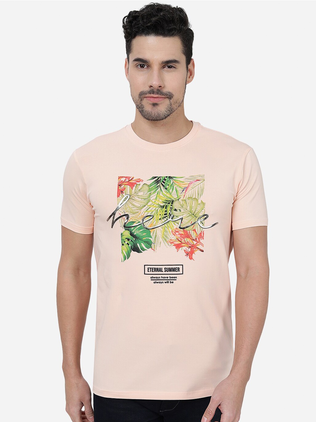 

JADE BLUE Tropical Printed Cotton Slim Fit T-shirt, Peach