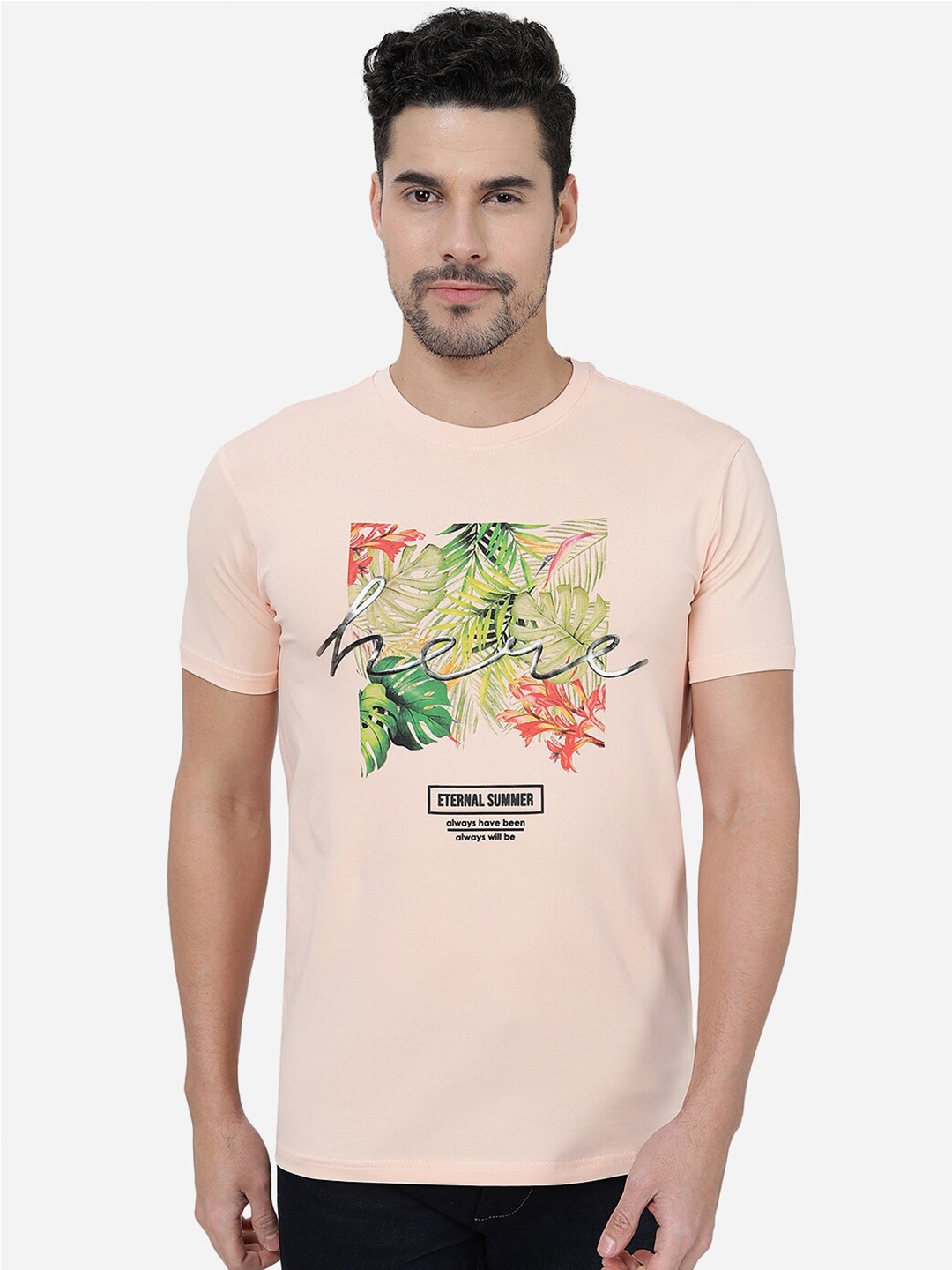 

JADE BLUE Tropical Printed Cotton Slim Fit T-shirt, Peach