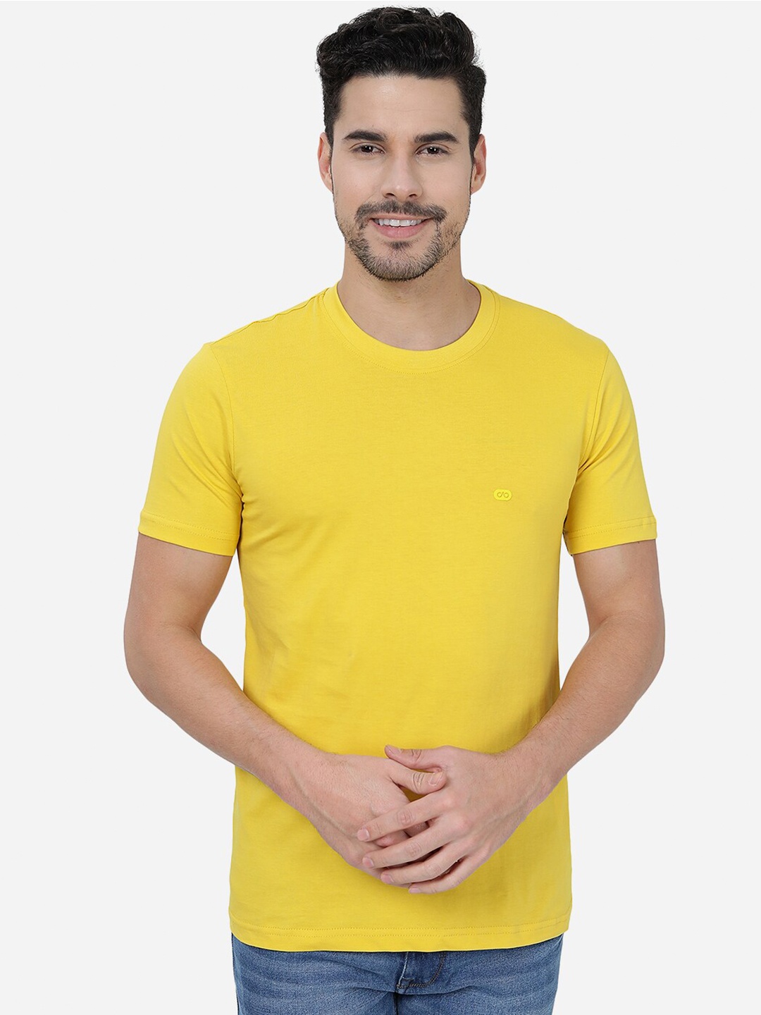 

JADE BLUE Round Neck Short Sleeve Cotton Slim Fit T-shirt, Yellow