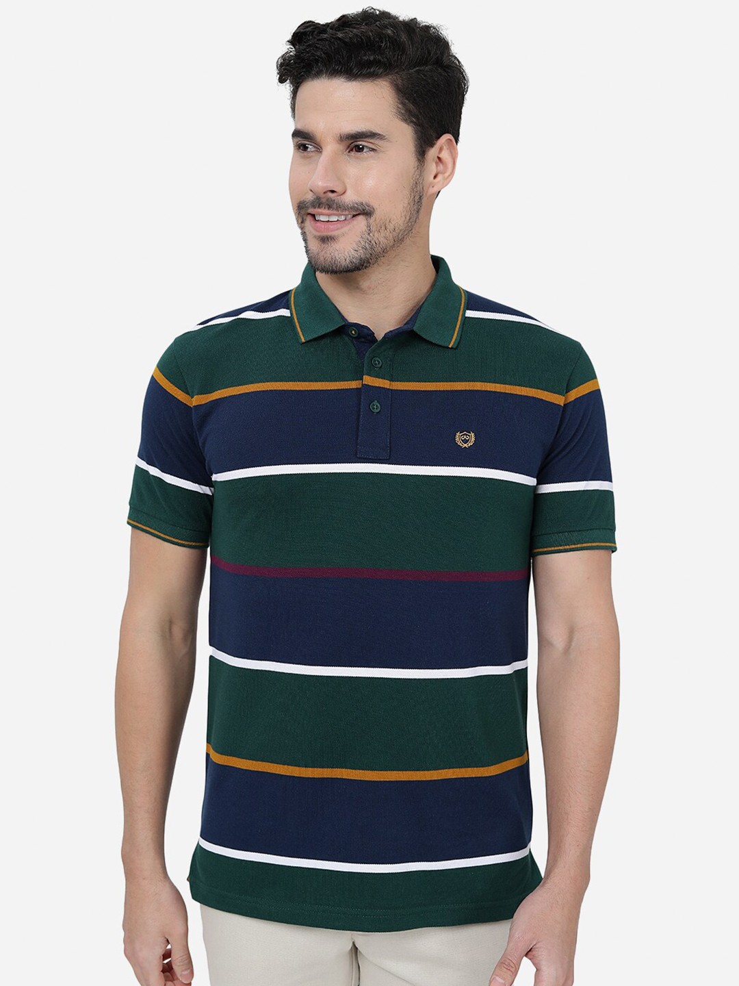 

JADE BLUE Striped Polo Collar Slim Fit Cotton T-shirt, Navy blue