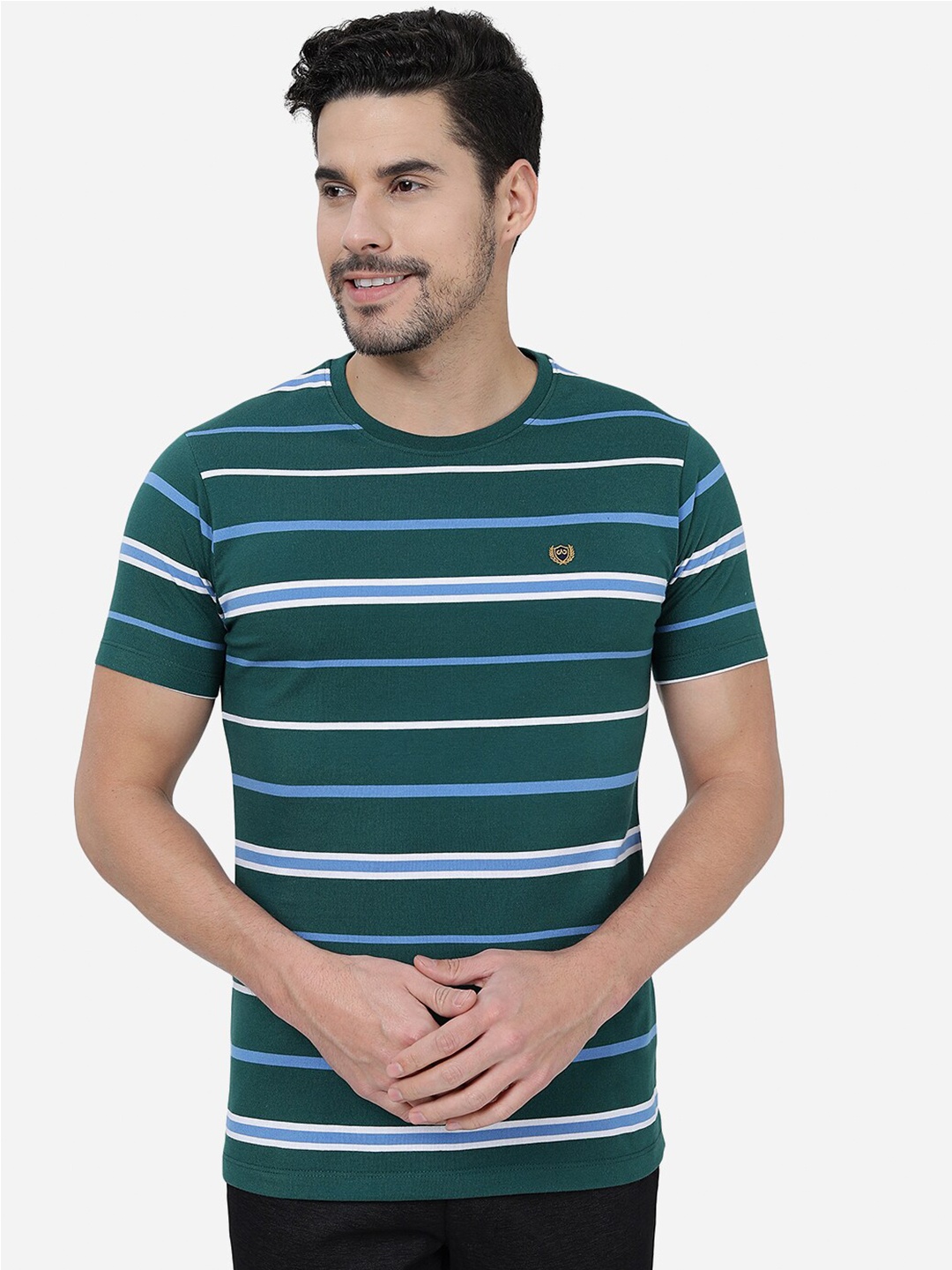 

JADE BLUE Striped Round Neck Cotton Slim Fit T-shirt, Teal