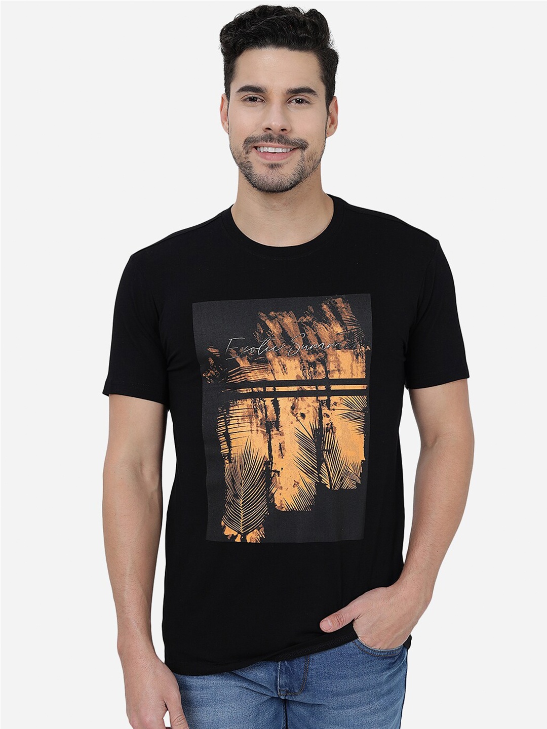 

JADE BLUE Graphic Printed Slim Fit Cotton T-shirt, Black