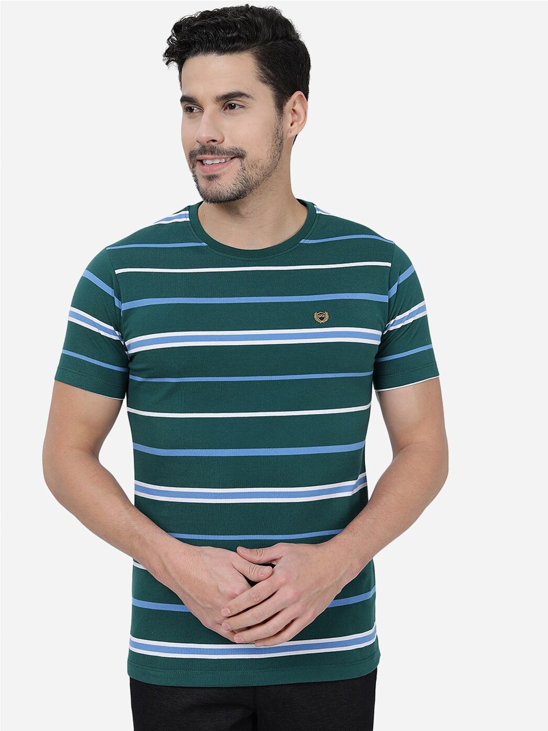 

JADE BLUE Striped Round Neck Cotton Slim Fit T-shirt, Green