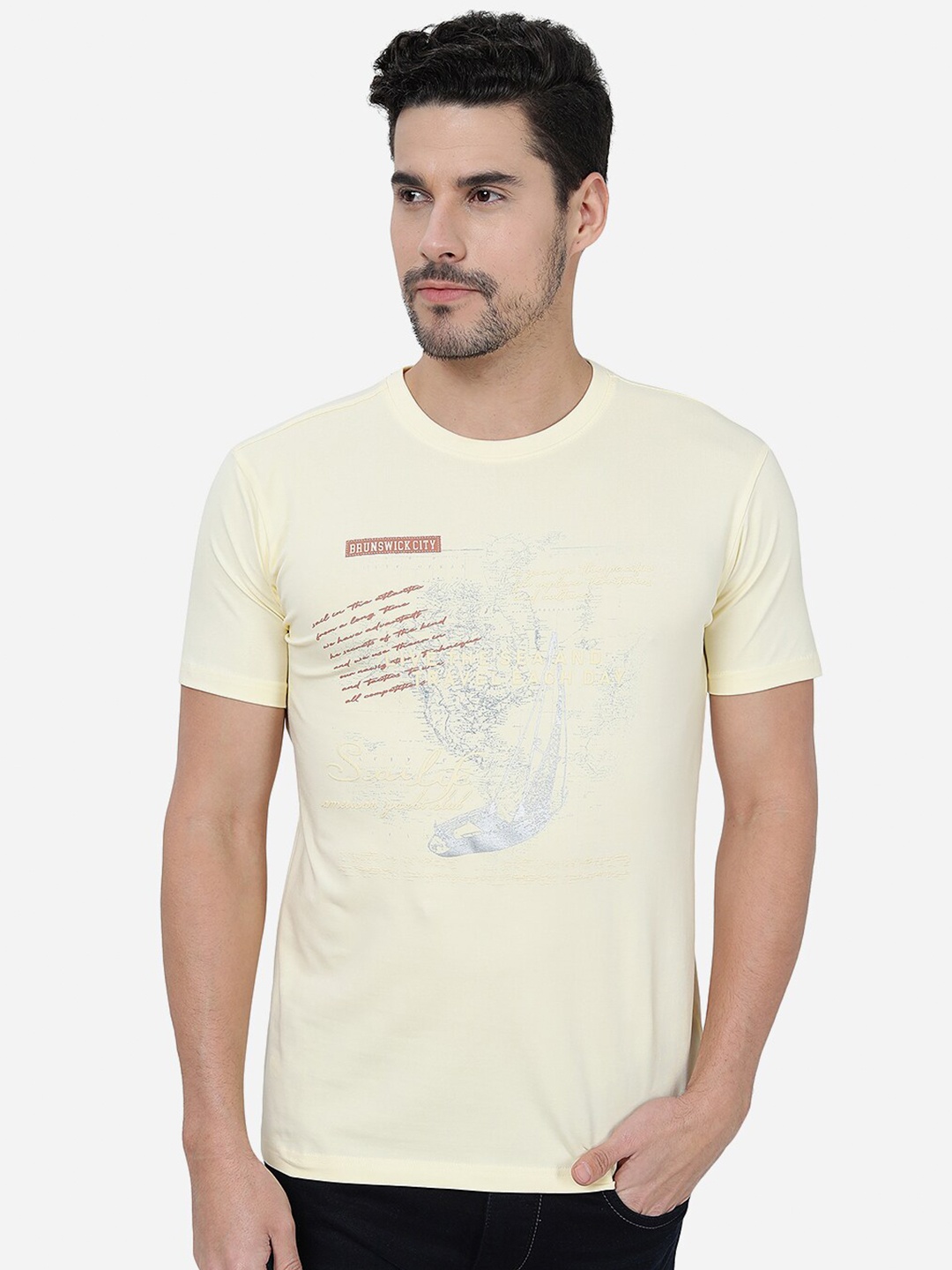 

JADE BLUE Typography Printed Cotton Slim Fit T-shirt, Yellow