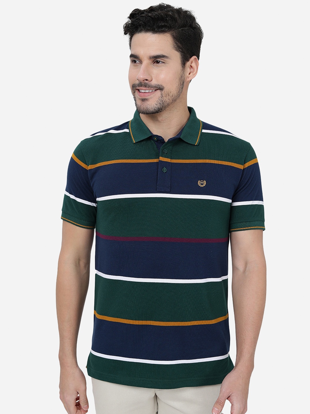 

JADE BLUE Striped Polo Collar Slim Fit Cotton T-shirt, Green