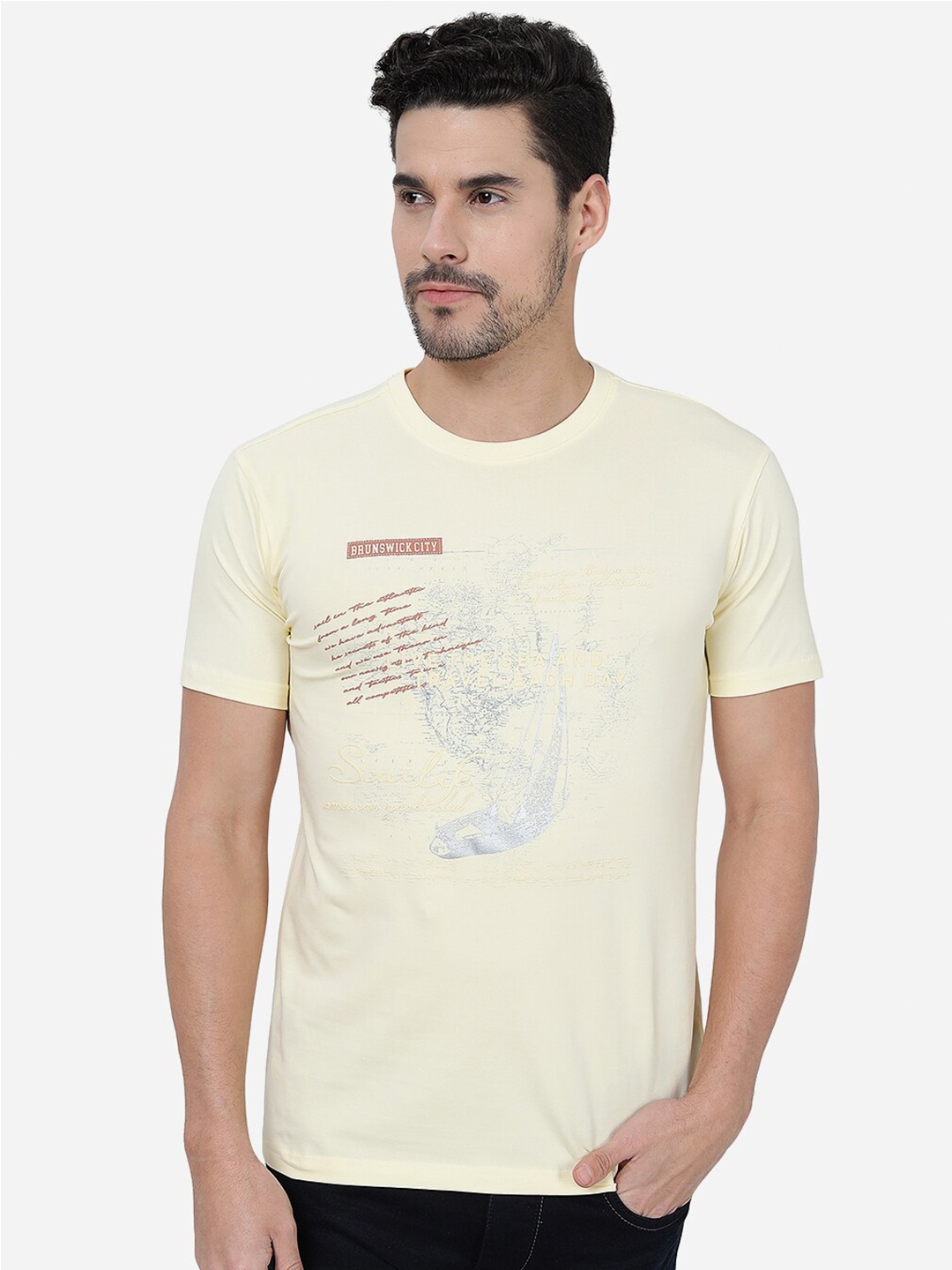 

JADE BLUE Typography Printed Cotton Slim Fit T-shirt, Yellow