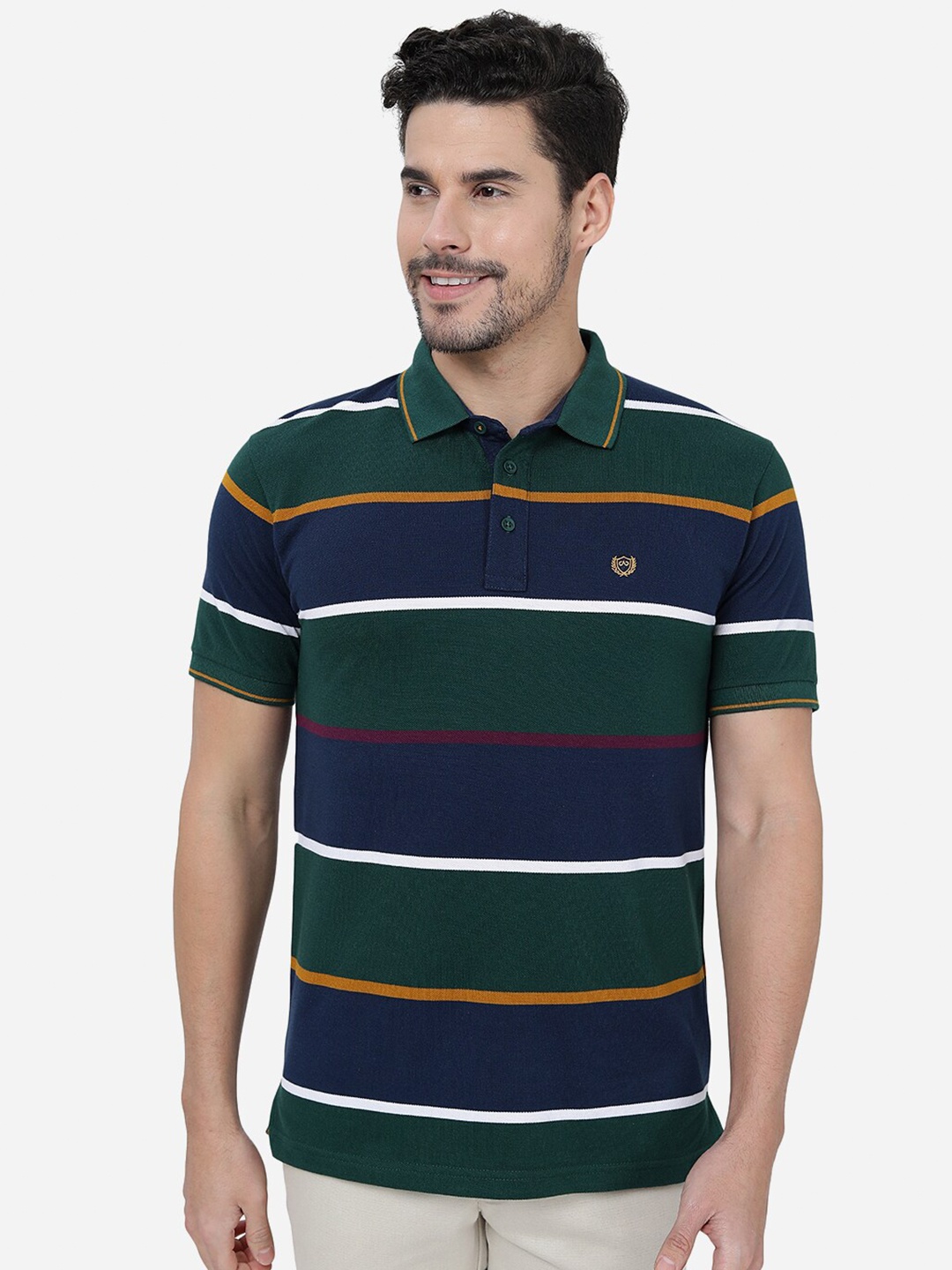 

JADE BLUE Striped Polo Collar Slim Fit Cotton T-shirt, Green