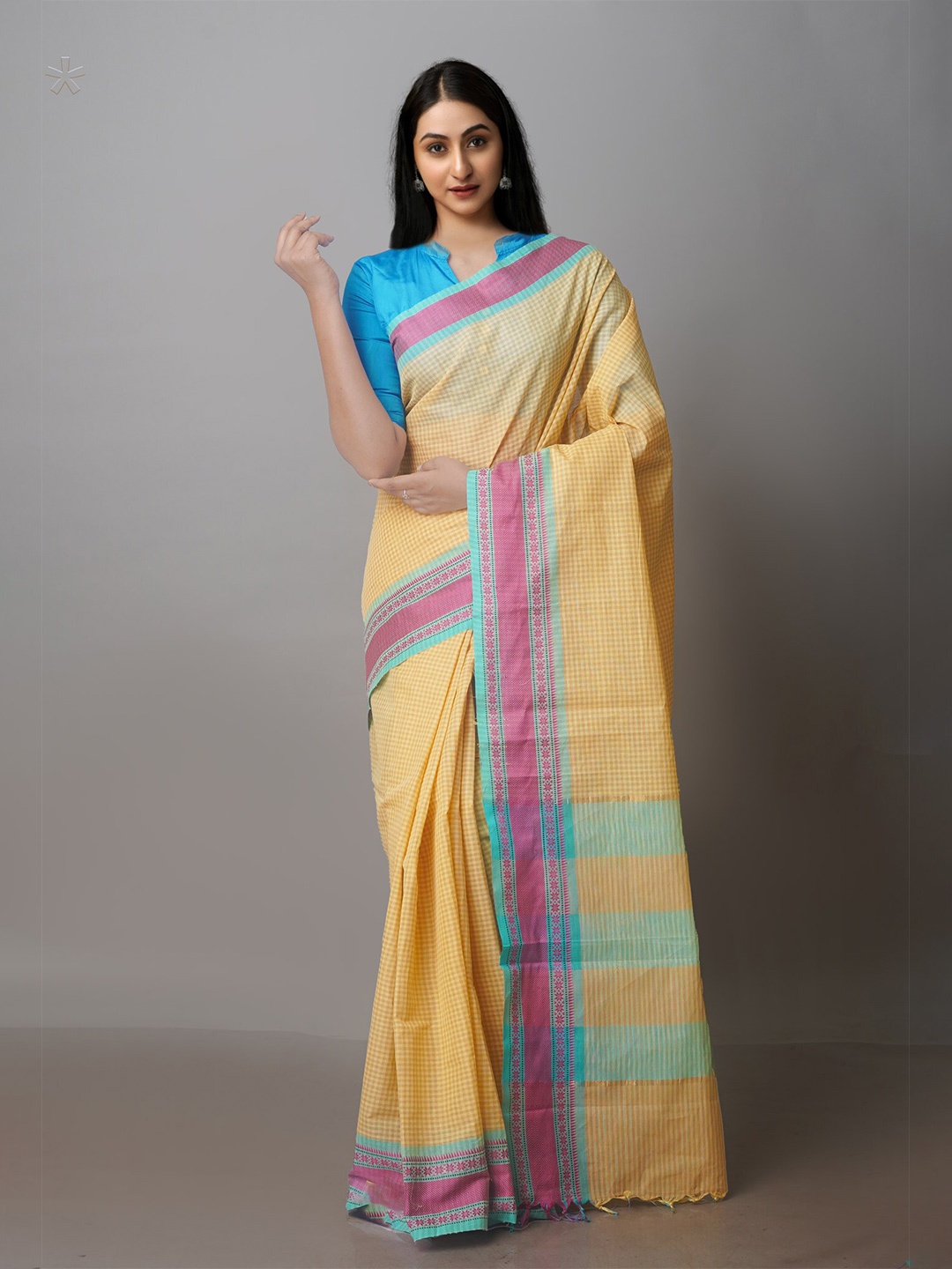 

Unnati Silks Checked Mangalagiri Saree, Yellow