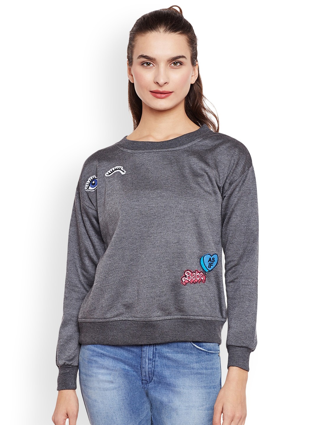 

Belle Fille Women Charcoal Solid Sweatshirt