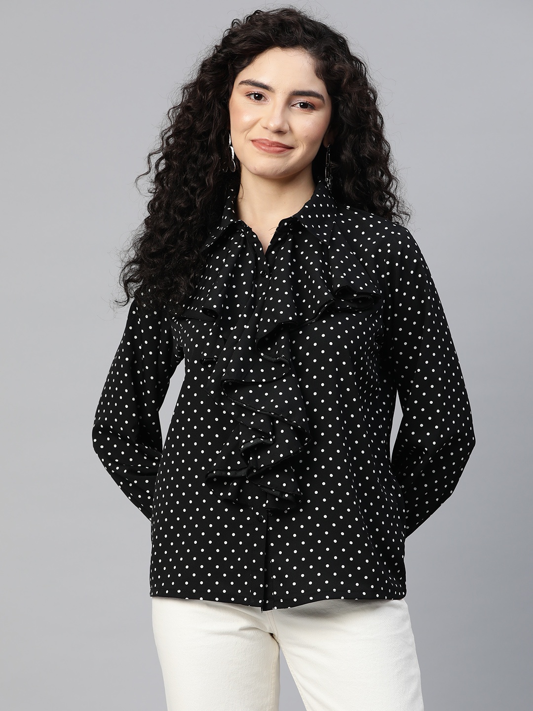 

plusS Polka Dot Print Ruffles Shirt Style Top, Black