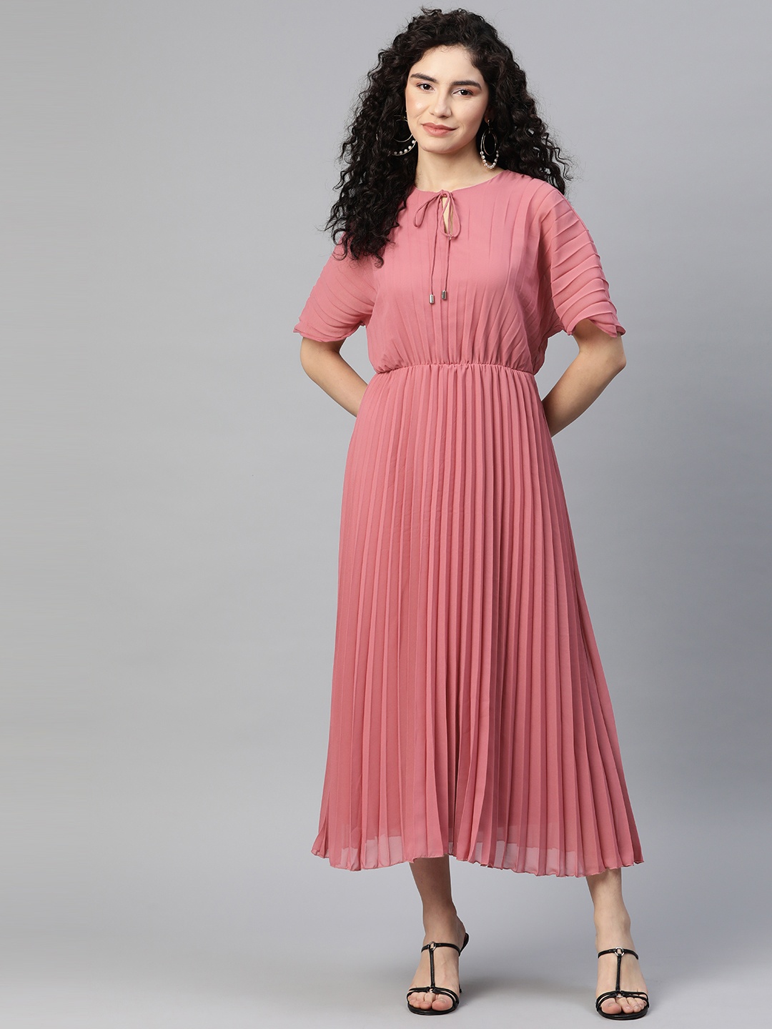 

plusS Tie-Up Neck Flared Sleeve A-Line Midi Dress, Pink