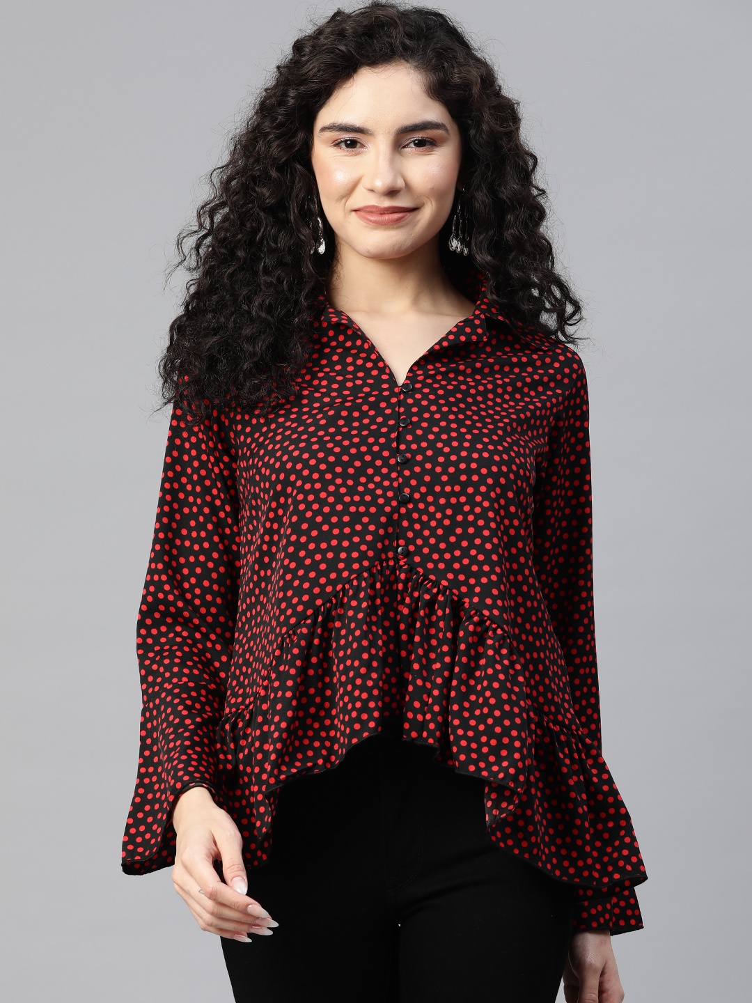 

plusS Polka Dot Print Bell Sleeve Ruffles Shirt Style Top, Black