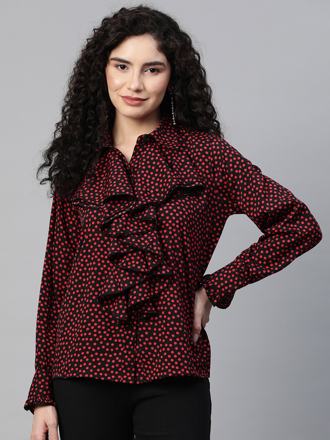 

plusS Polka Dot Print Ruffles Shirt Style Top, Black