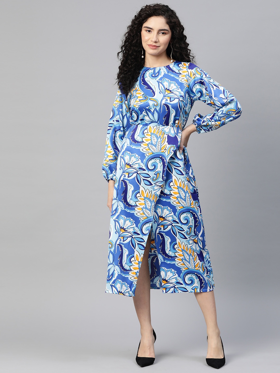 

plusS Floral Print Puff Sleeve Layered Midi Dress, Blue