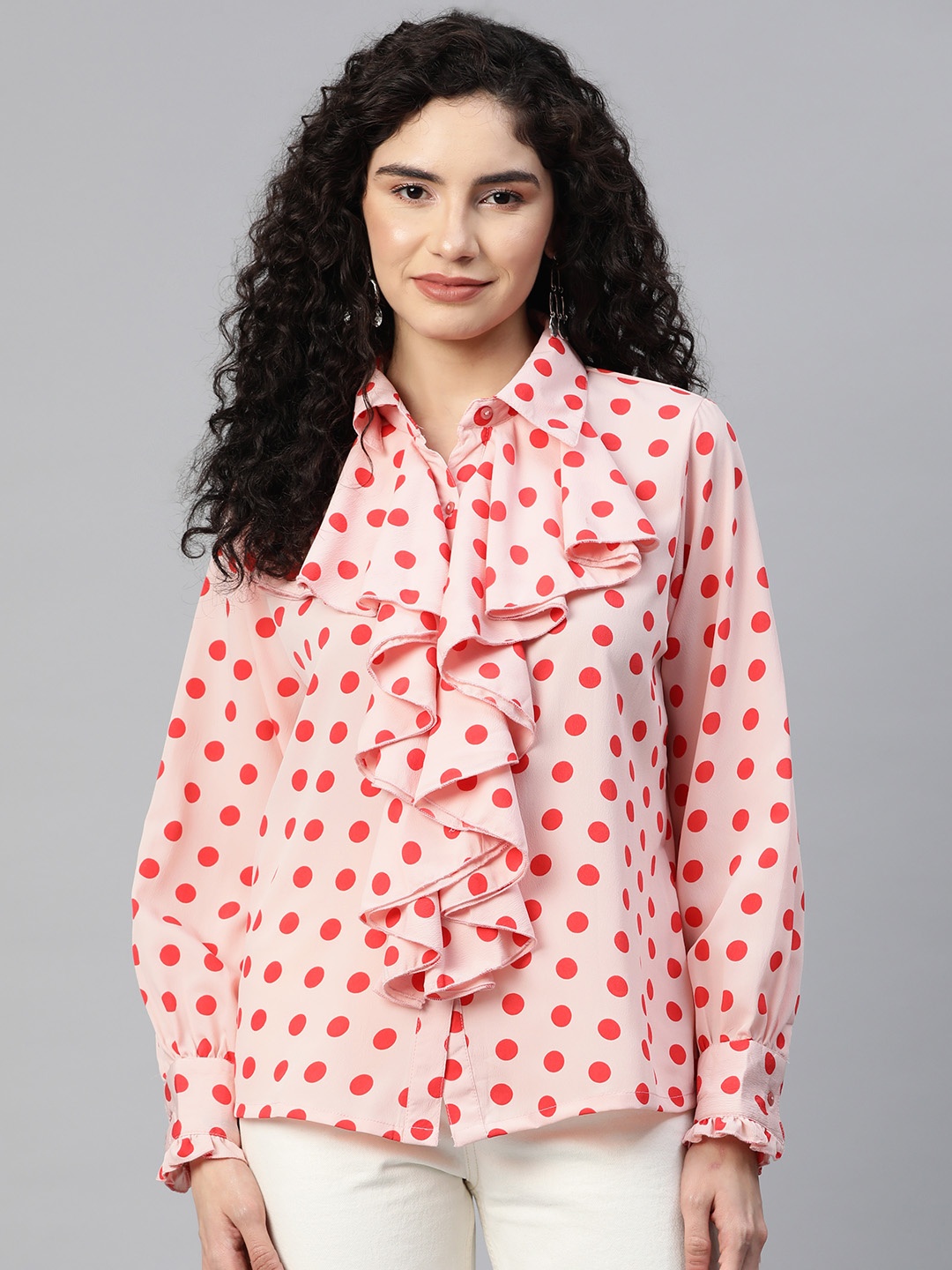 

plusS Polka Dot Print Ruffles Shirt Style Top, Pink