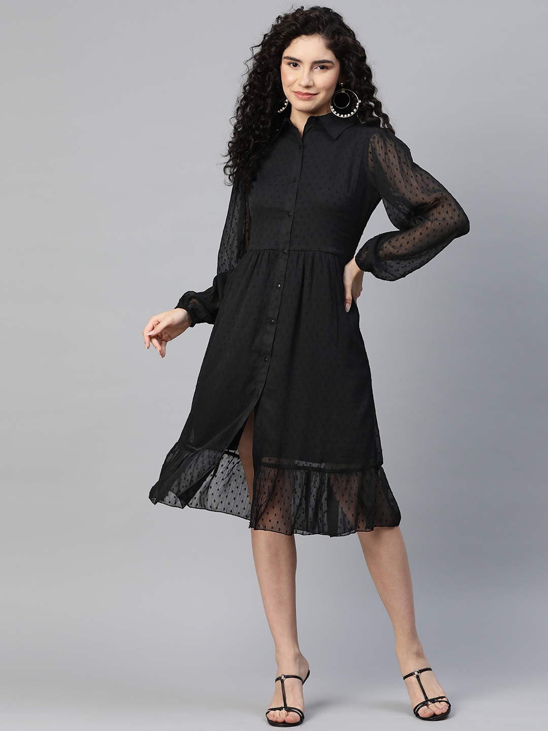 

plusS Puff Sleeve Shirt Midi Dress, Black