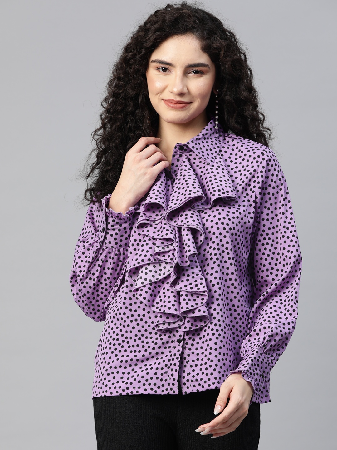 

plusS Polka Dot Print Puff Sleeve Ruffles Shirt Style Top, Violet