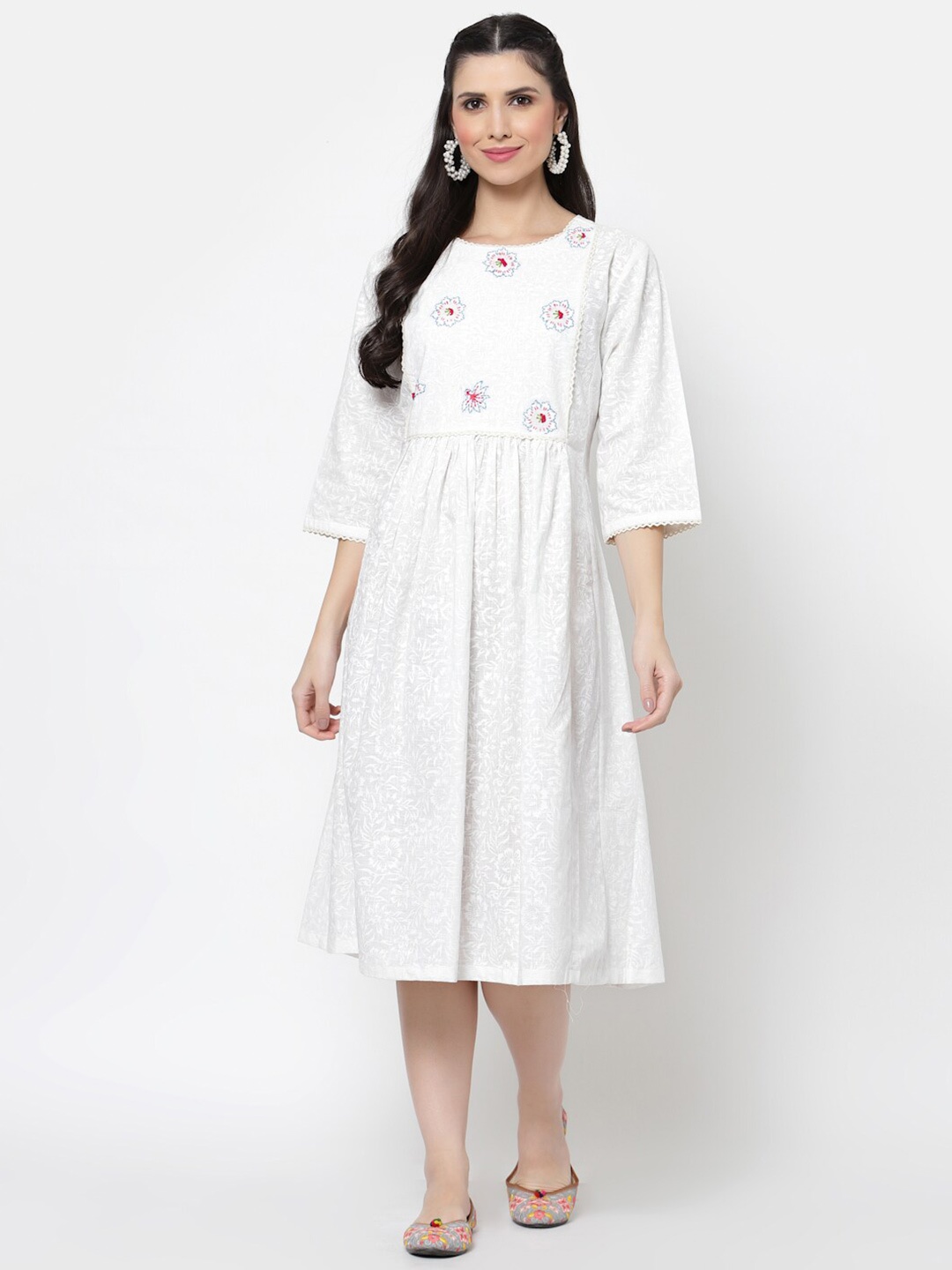 

DART STUDIO Floral printed Embroidered Pure Cotton Fit & Flare Midi Dress, White