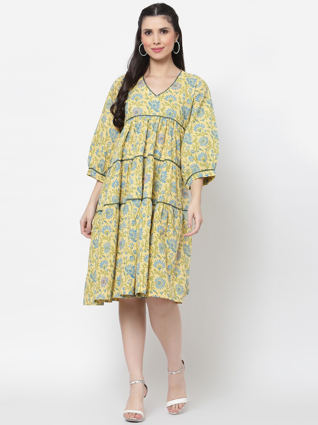 

DART STUDIO Floral Printed Puff Sleeve V-Neck Tiered Pure Cotton A-Line Dress, Mustard