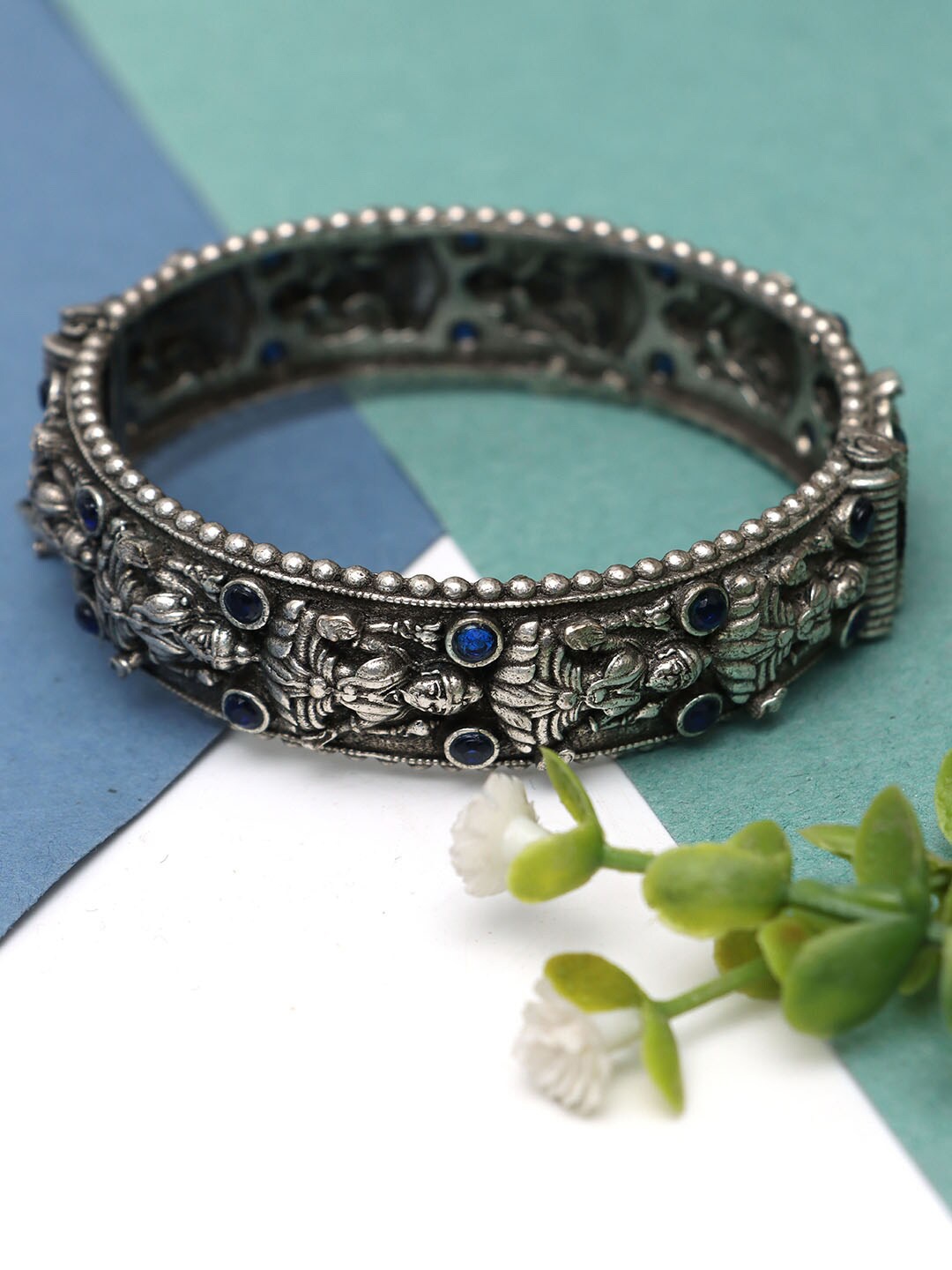 

Ozanoo Women Silver-Plated Temple Kada Bracelet, Blue