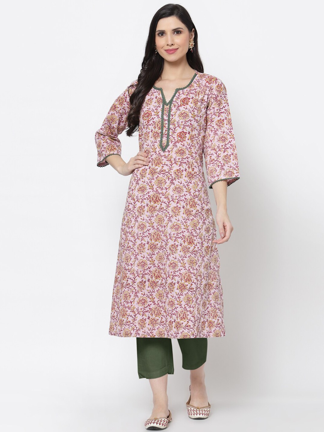 

DART STUDIO Floral Printed Thread Work Block Print Pure Cotton Kurta, Maroon