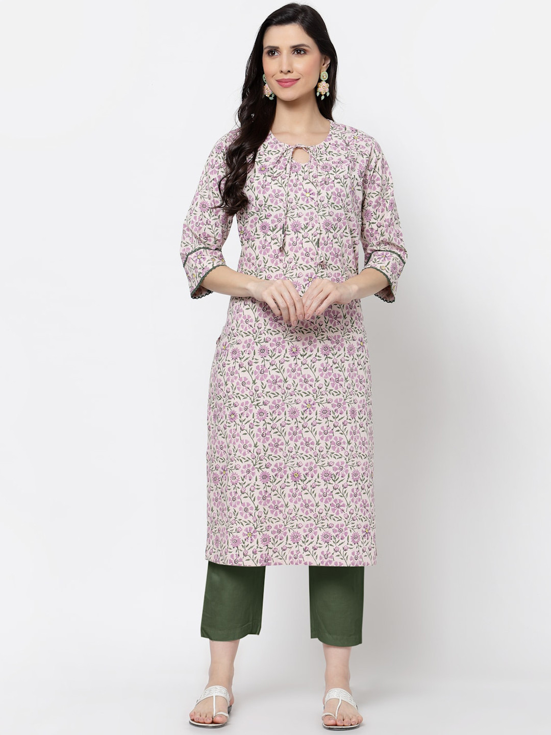 

DART STUDIO Floral Printed Tie -Up Neck Block Print Pure Cotton Kurta, Purple