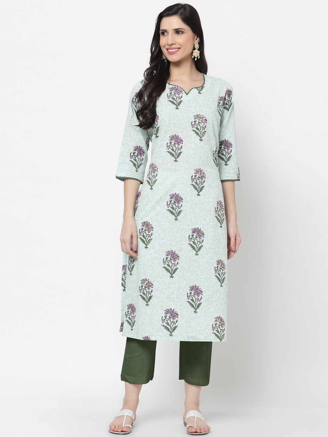 

DART STUDIO Floral Printed Mirror Work Block Print Pure Cotton Kurta, Green