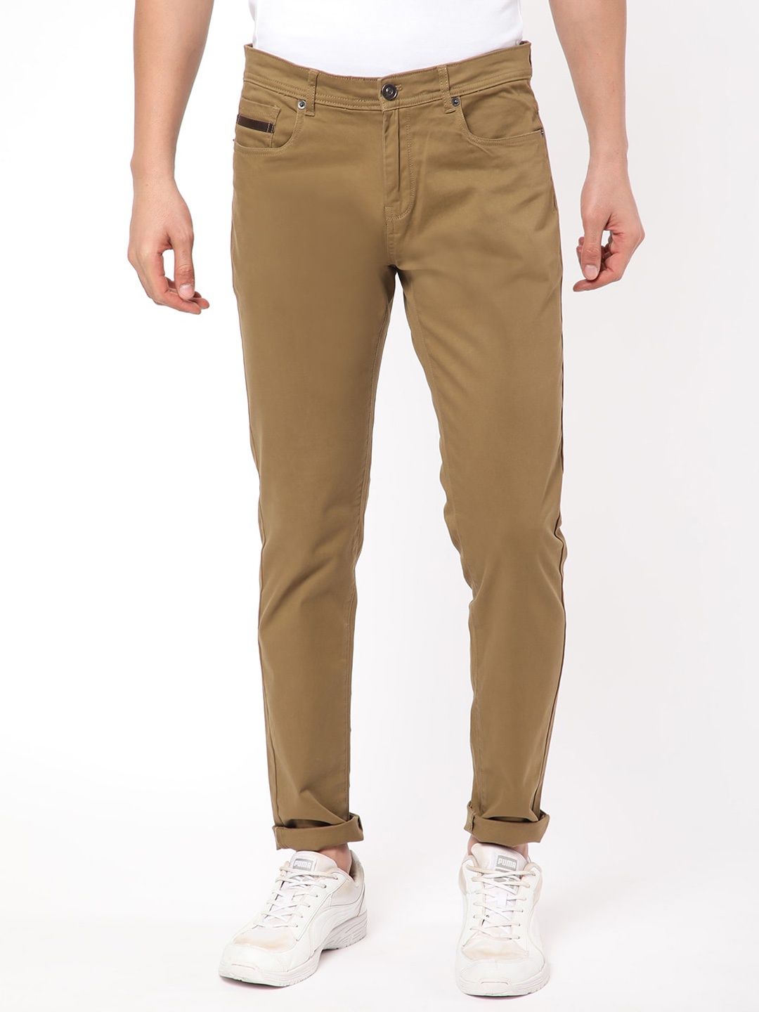 

R&B Men Regular Fit Cotton Mid-Rise Chinos Trousers, Khaki
