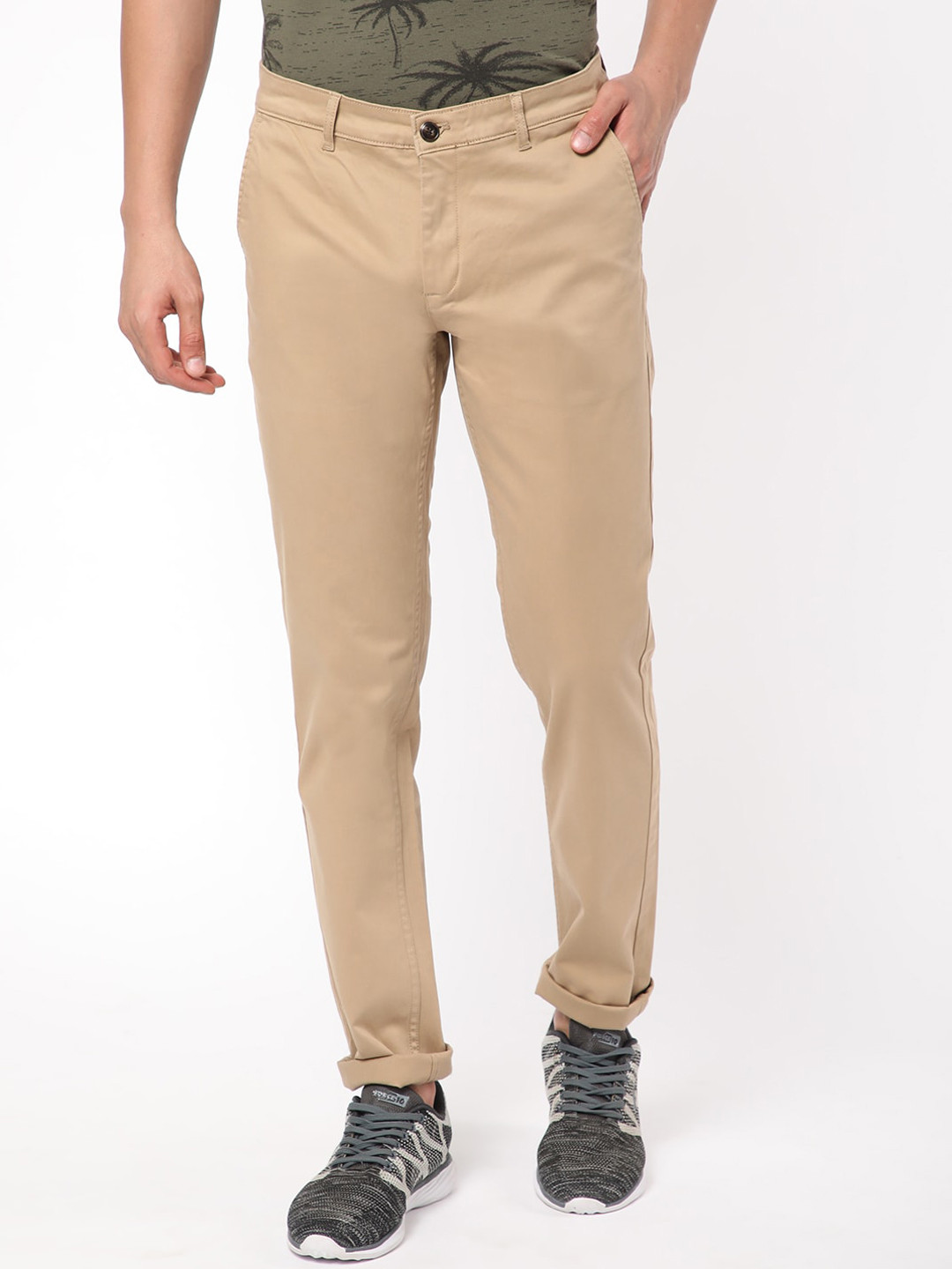 

R&B Men Regular Fit Cotton Mid-Rise Flat-Front Trousers, Khaki