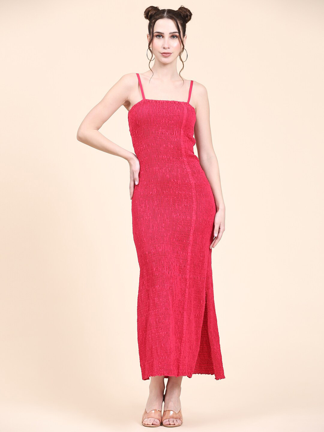 

Aawari Shoulder Straps Smoked Bodycon Maxi Dress, Pink
