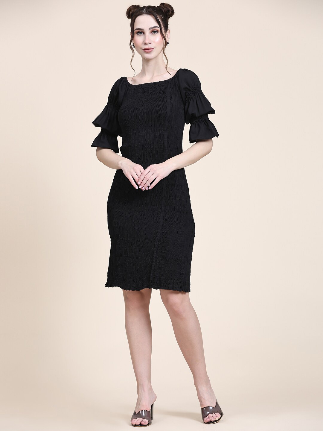 

Aawari Puff Sleeves Smocked Detail Bodycon Dress, Black