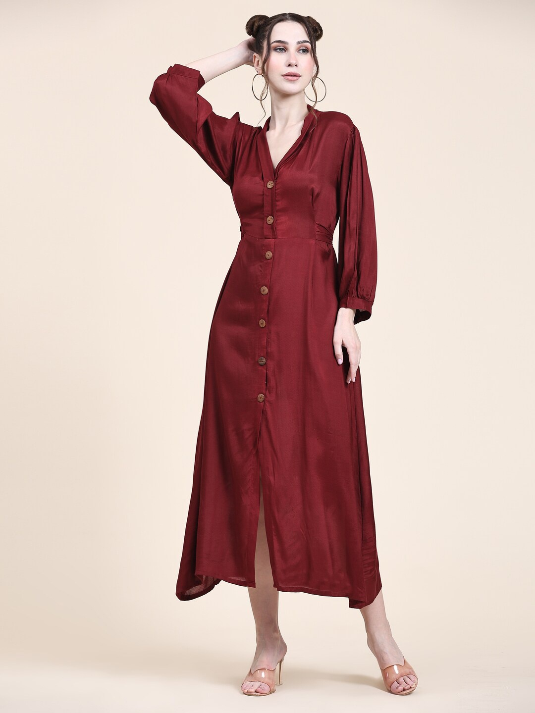 

Aawari Cuffed Sleeves Liva Shirt Midi Dress, Maroon