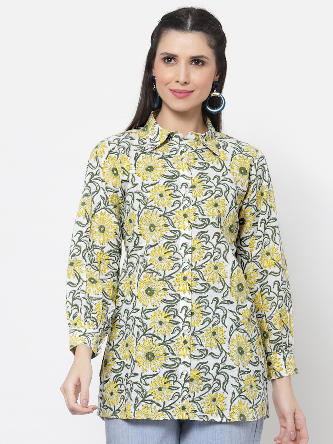 

DART STUDIO Cuffed Sleeves Floral Printed Cotton Shirt Style Top, Green