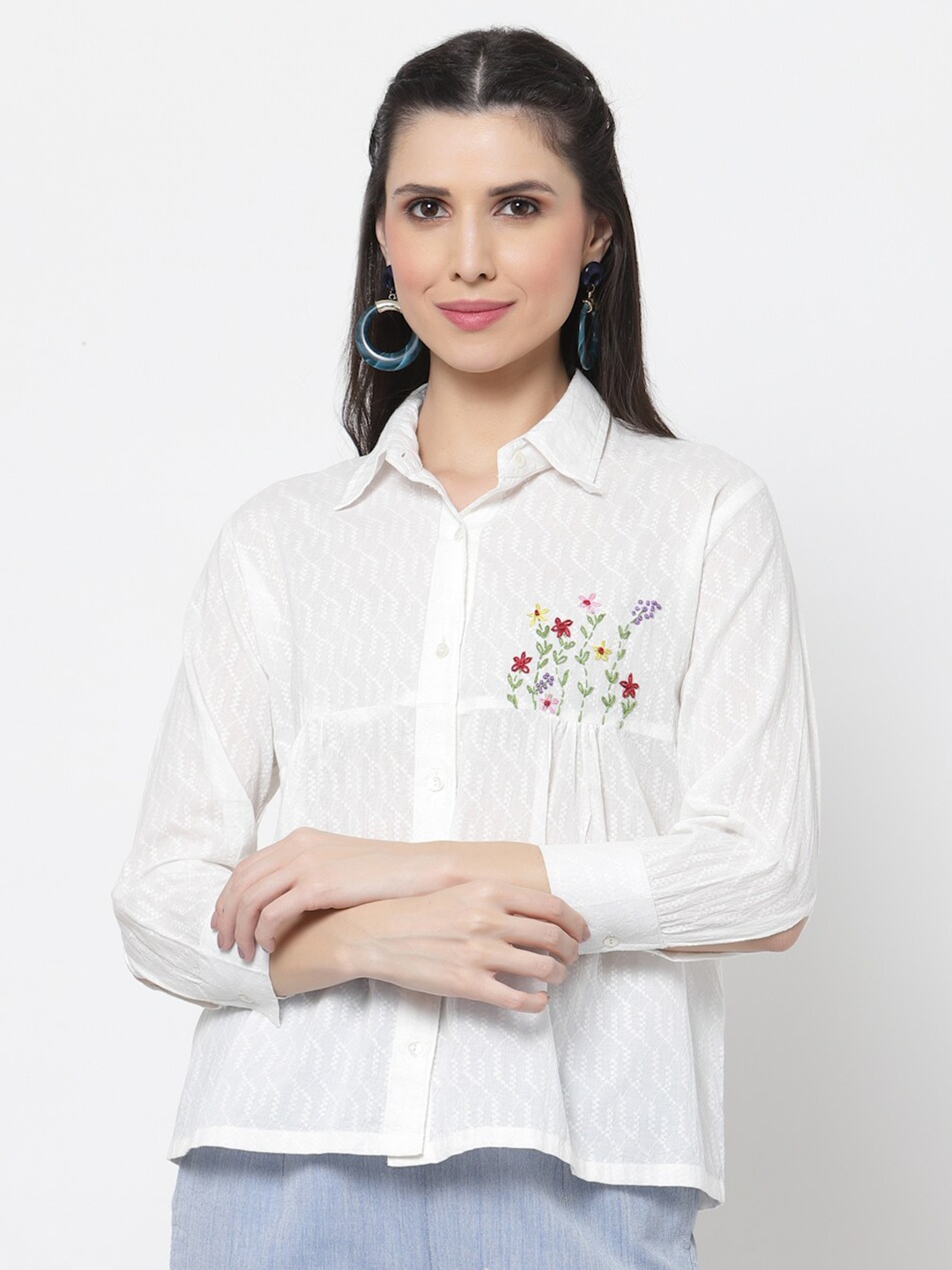

DART STUDIO Geometric Printed Embroidered Cotton Shirt Style Top, White