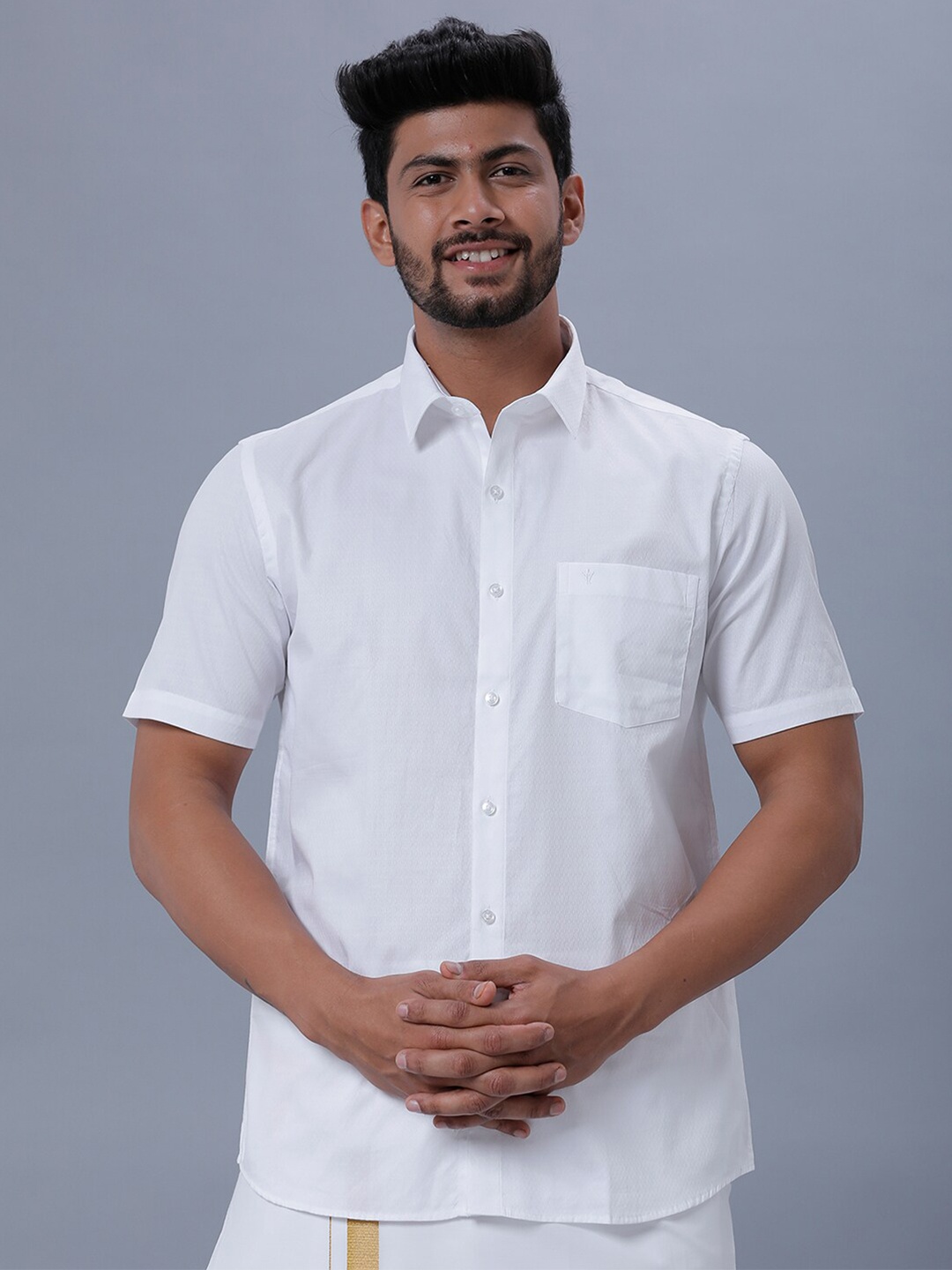 

Ramraj Opaque Spread Collar Short regular sleeves Ethnic Cotton Shirt, White